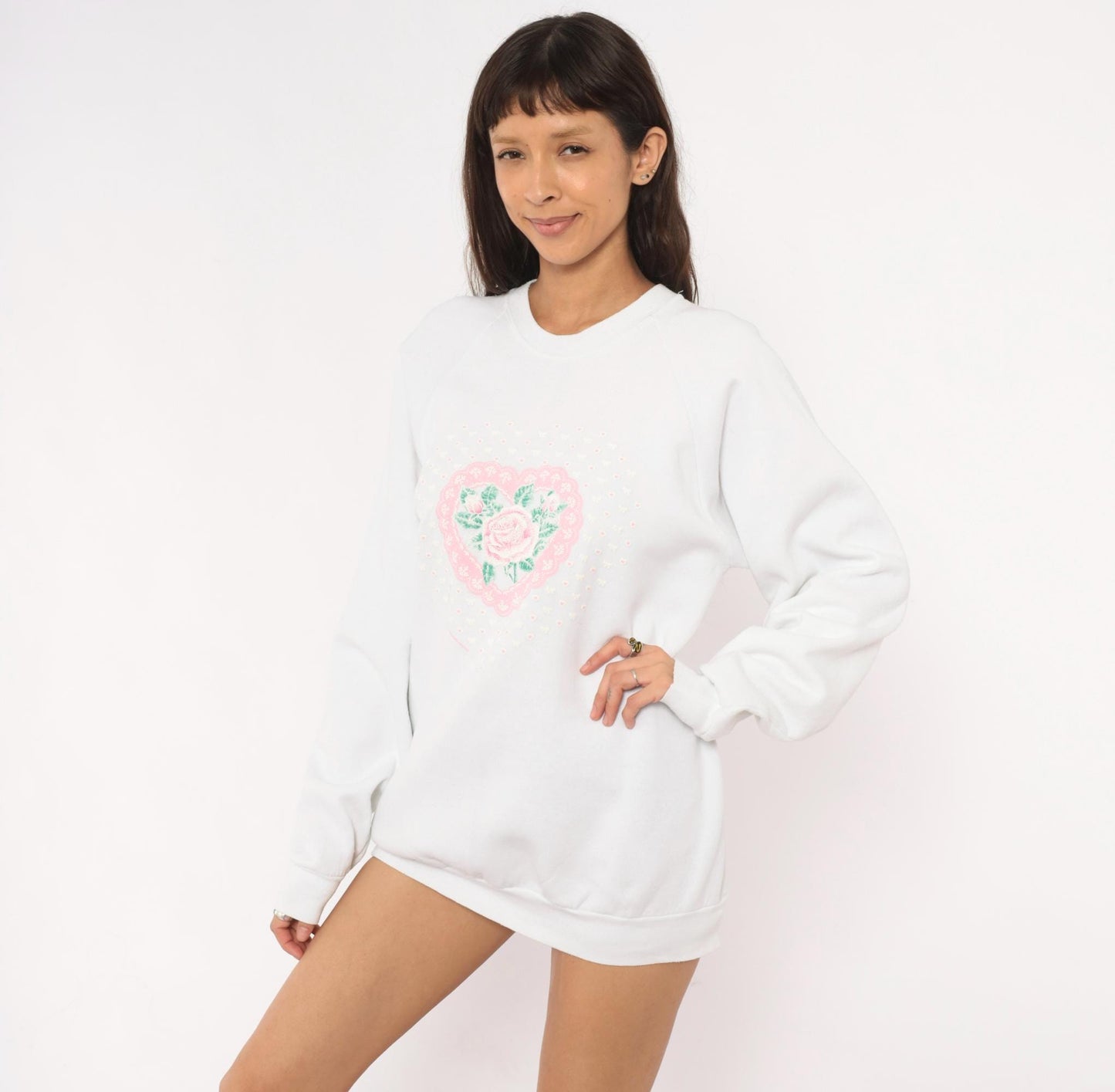 90s Fruit Of The Loom Rose Heart Lace Sweatshirt White Pink Raglan Extra Large XL