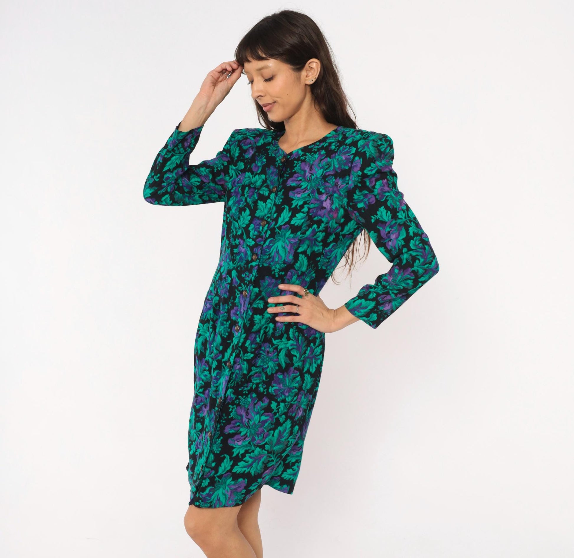 90s Petite Jazz Floral Button-Front Dress Teal Black Botanical Shoulder Pad Large