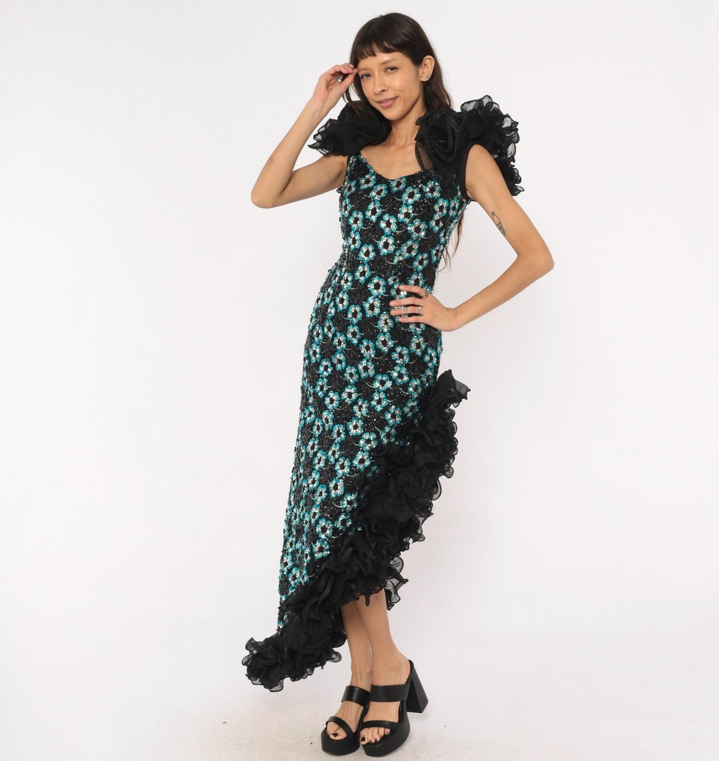80s Alyce Designs Black Sequin Maxi Gown Teal Silver Floral Small