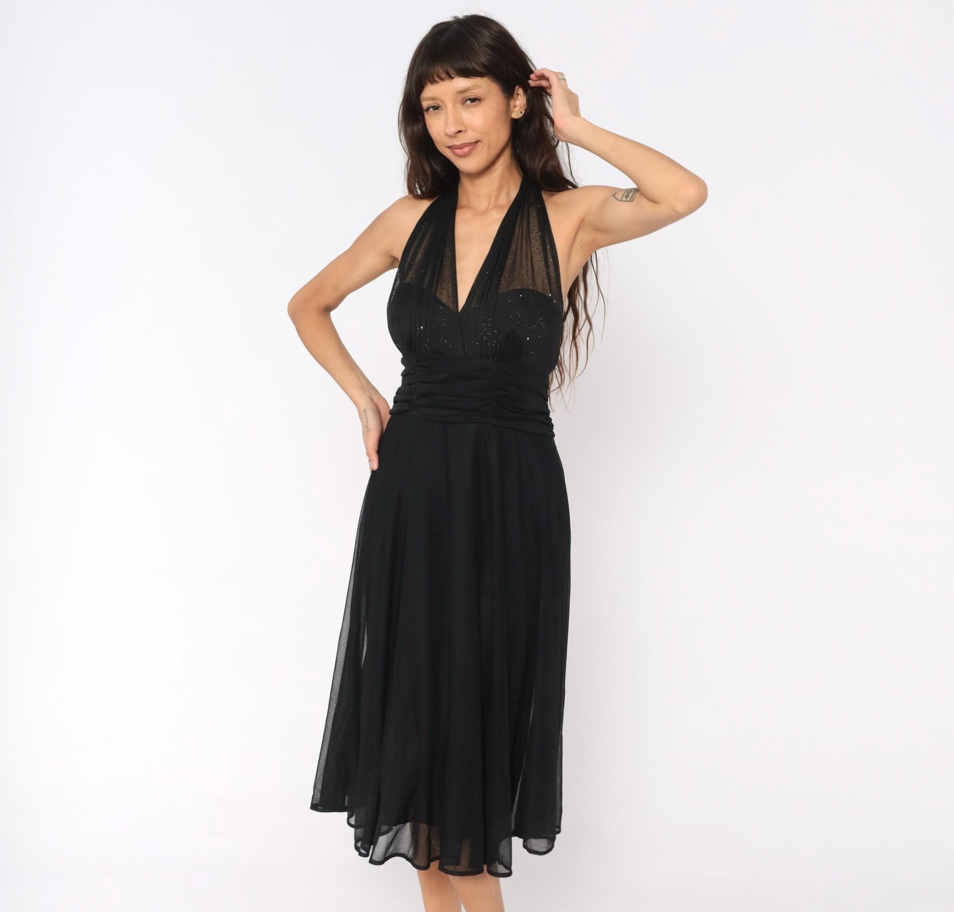90s Black Halter Midi Dress Deep V Glitter Mesh Open Back Medium