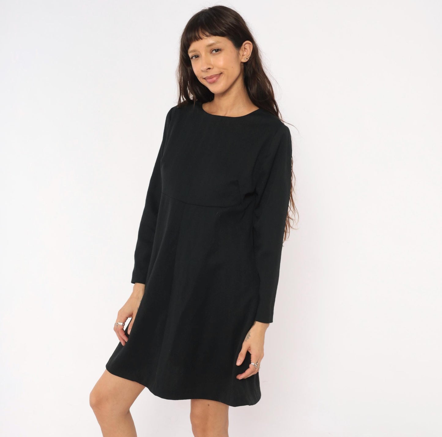 70s Black A-Line Dress Empire Waist Long Sleeve Round Neck Zip Back Large L