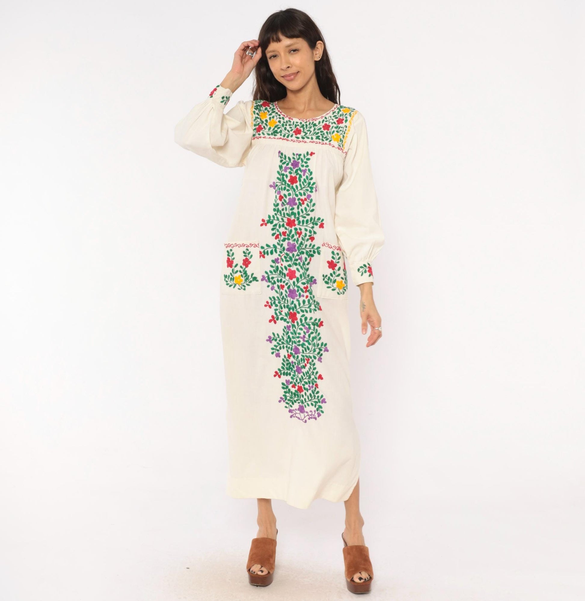 70s Embroidered Mexican Cotton Maxi Dress Floral Cream Long Sleeve Small