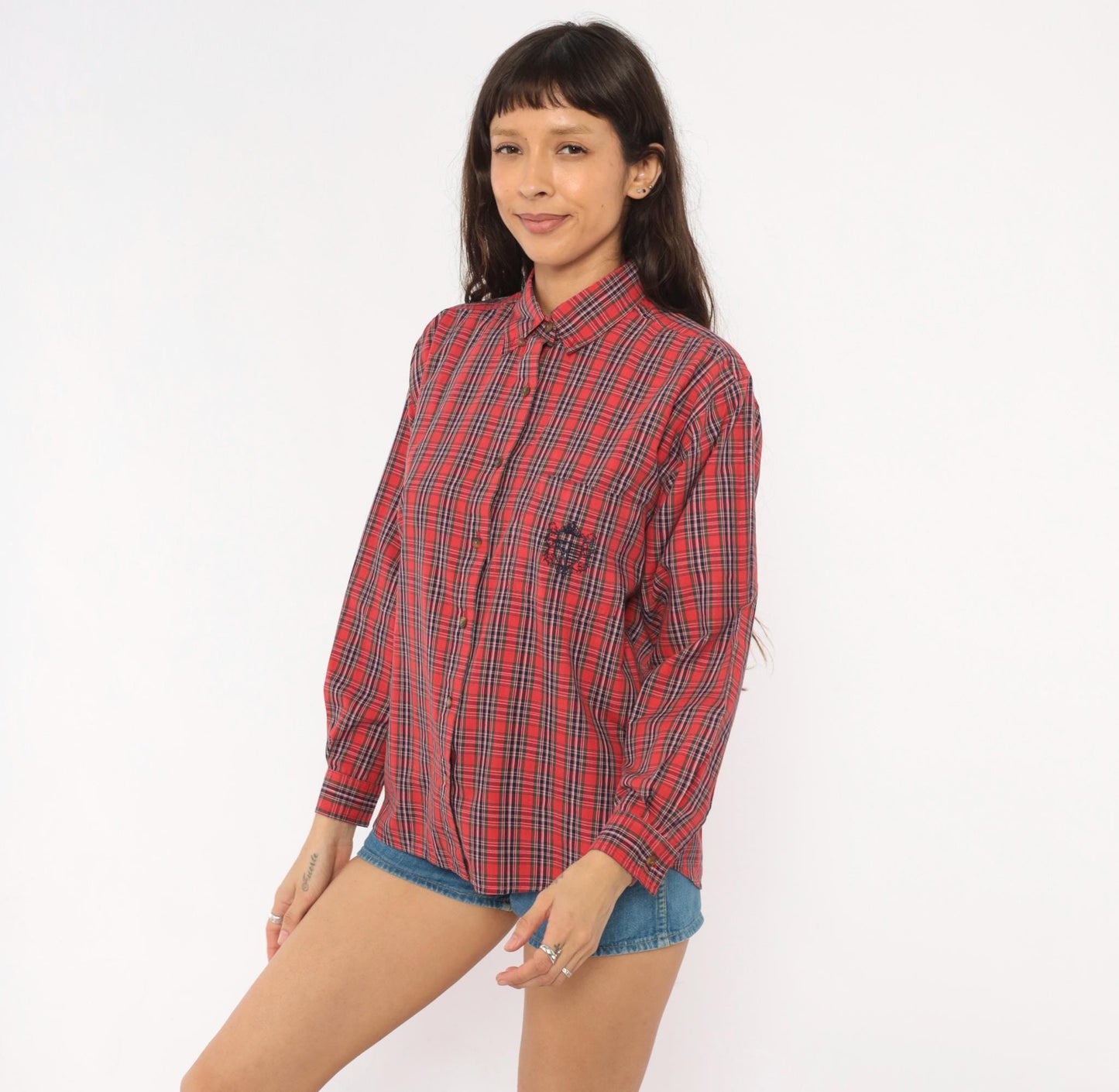 80s Karen Scott Tartan Plaid Button-Up Shirt Red Navy Embroidered Small