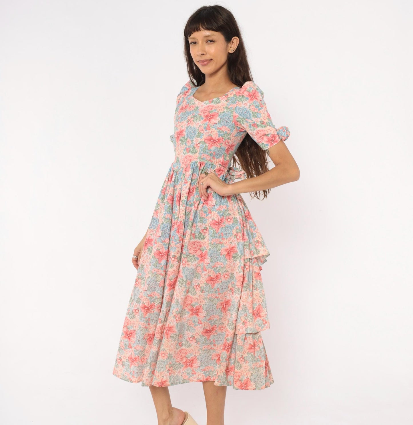 80s Floral Midi Dress Pink Blue Puff Sleeve Sweetheart Cotton XXS