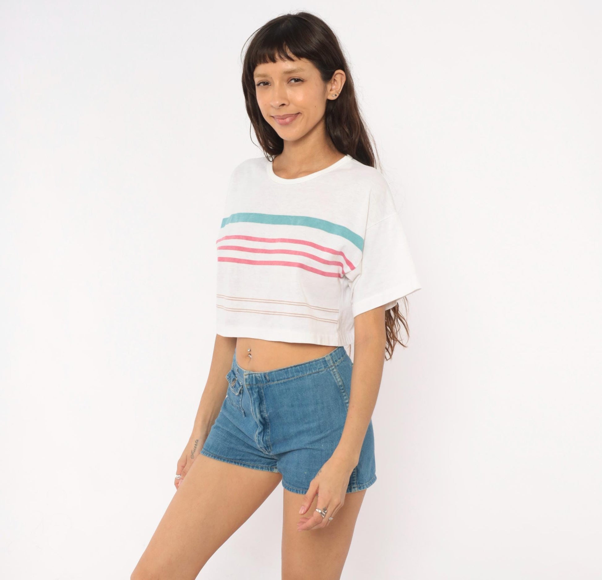 90s Striped Crop Top White Teal Pink Cotton Boxy Tee Small S