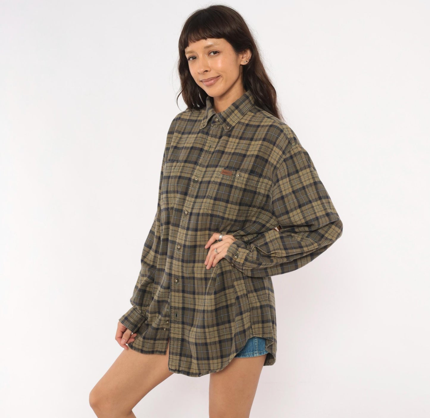 2000s Carhartt Plaid Flannel Shirt Tan Navy Button Down Medium