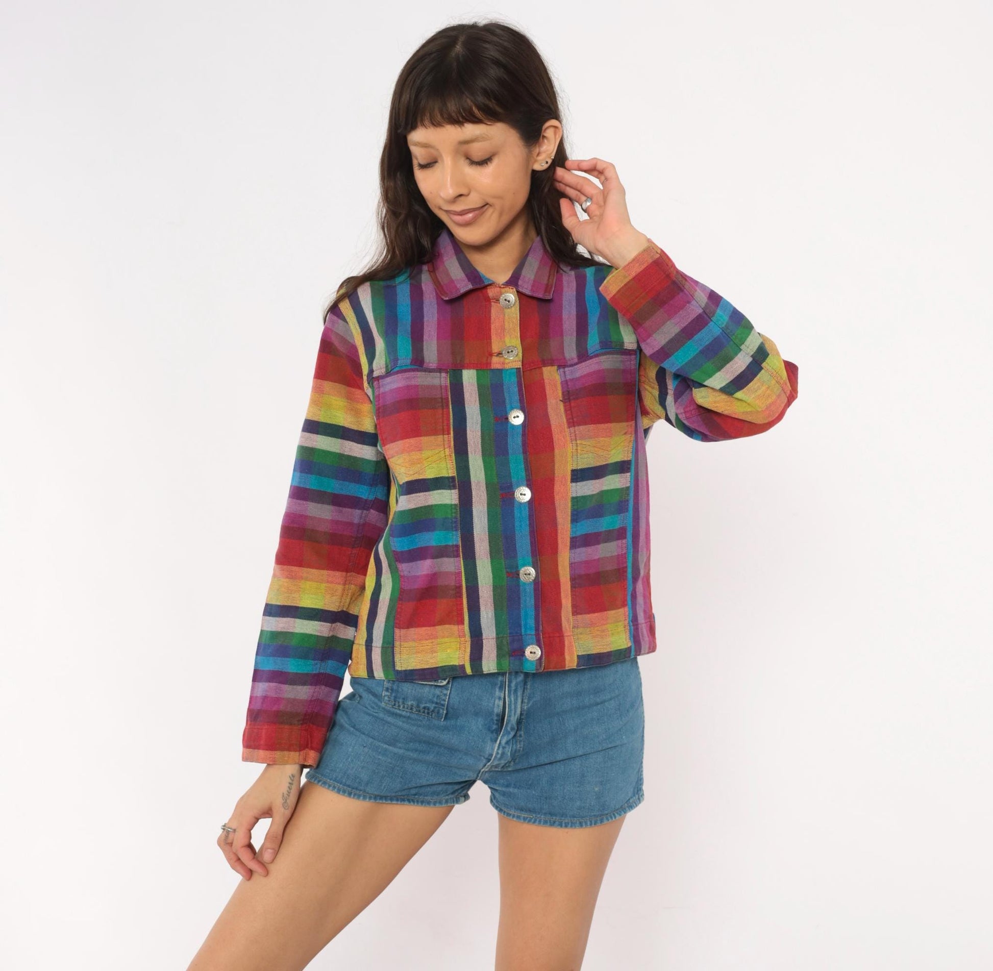 Y2K Chico's Design Rainbow Plaid Cropped Jacket Cotton Small S