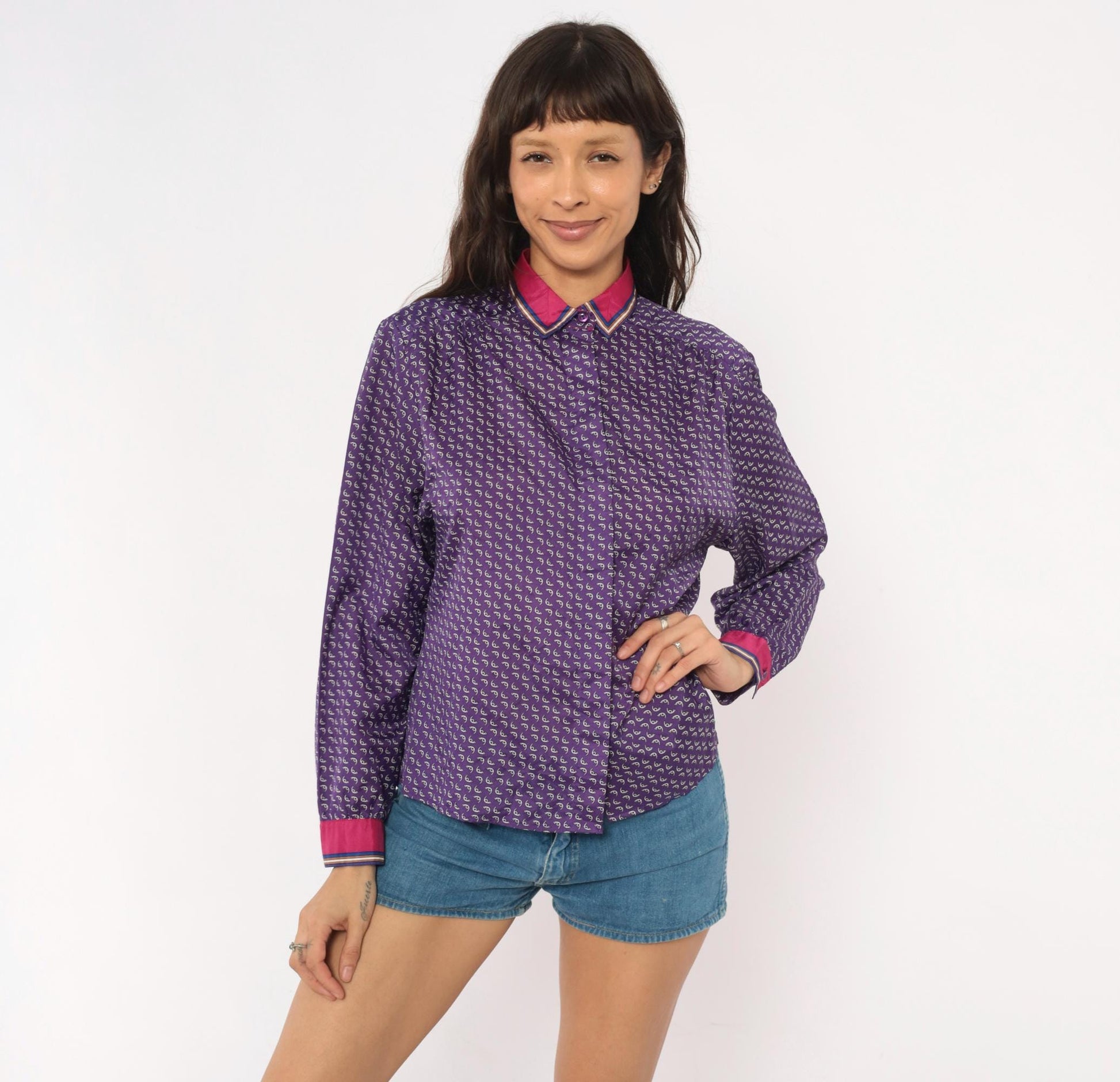 80s Lady Arrow Purple Paisley Button Blouse Pink Contrast Cuffs Medium
