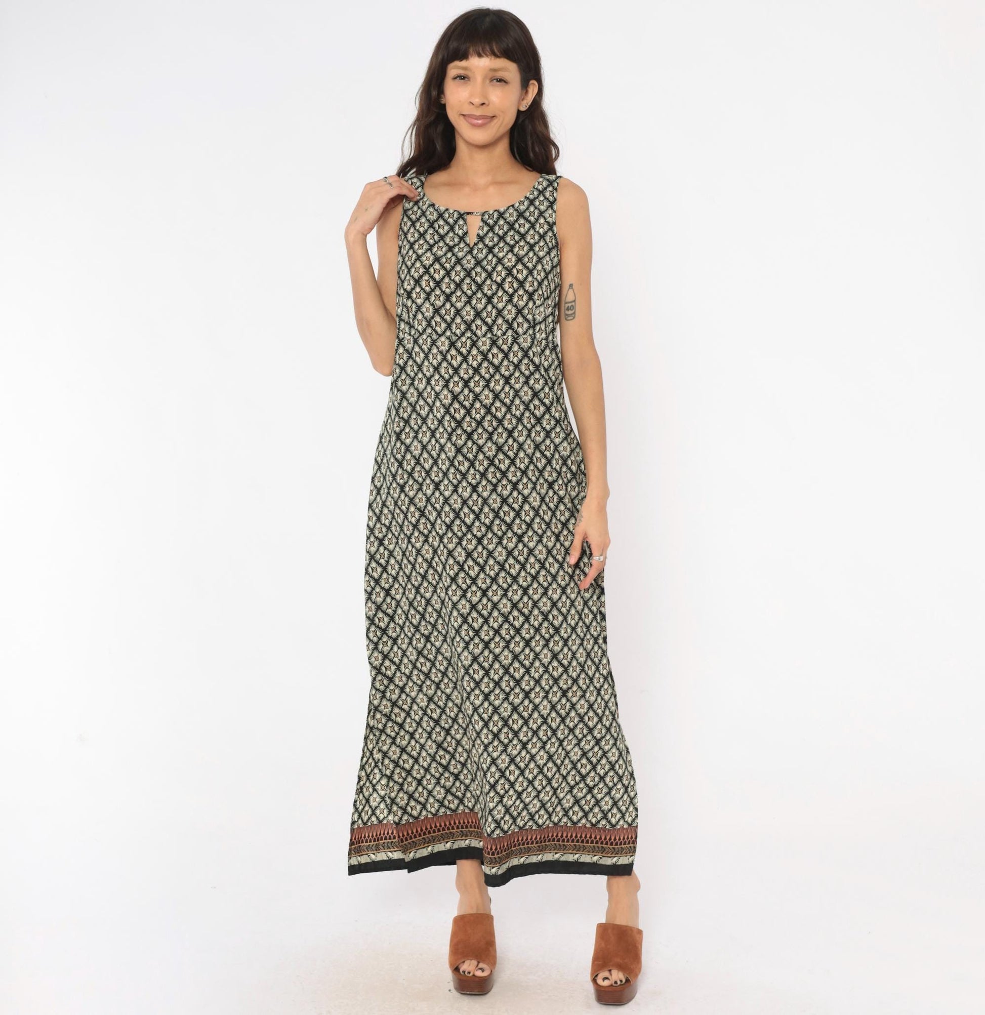 90s Dorée Collections Diamond Lattice Maxi Dress Black Cream Keyhole Large L