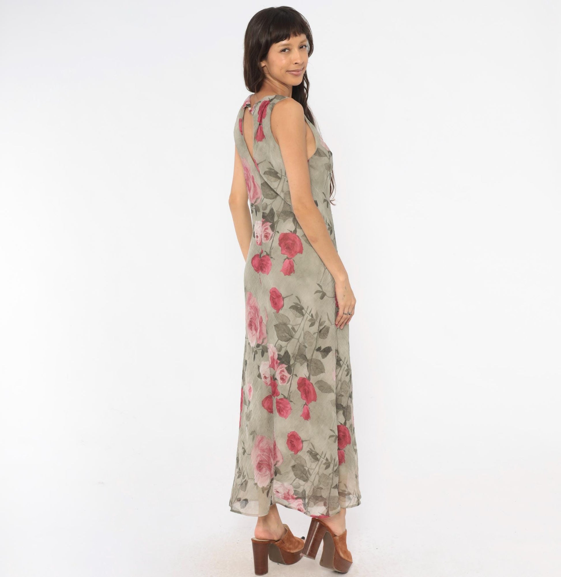 90s Dressbarn Maxi Dress Olive Rose Floral Chiffon Sleeveless Large L