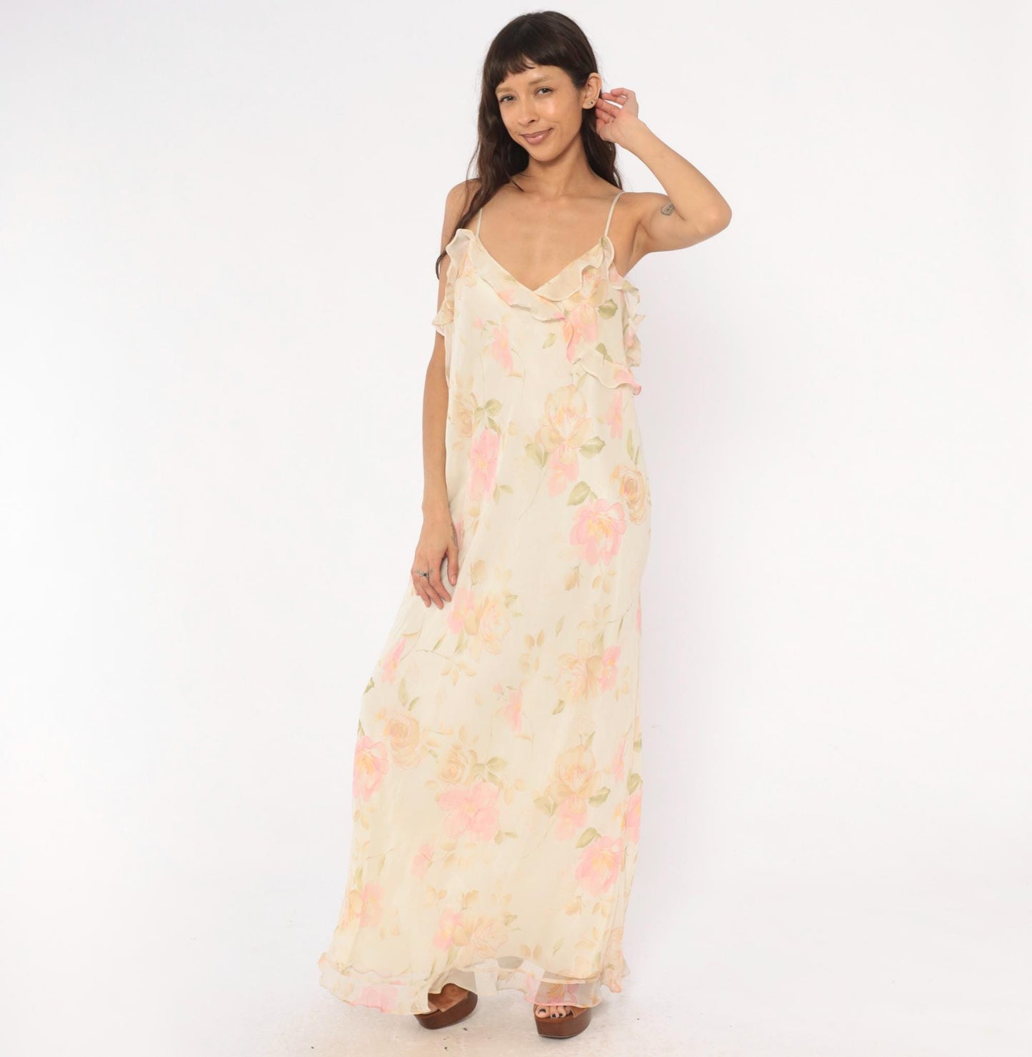 90s Valerie Stevens Floral Maxi Dress Cream Pink Chiffon V-Neck Extra Large XL
