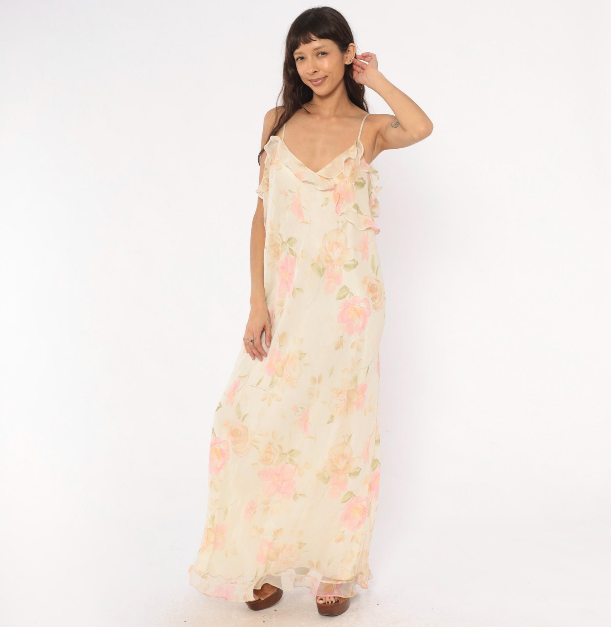 90s Valerie Stevens Floral Maxi Dress Cream Pink Chiffon V-Neck Extra Large XL