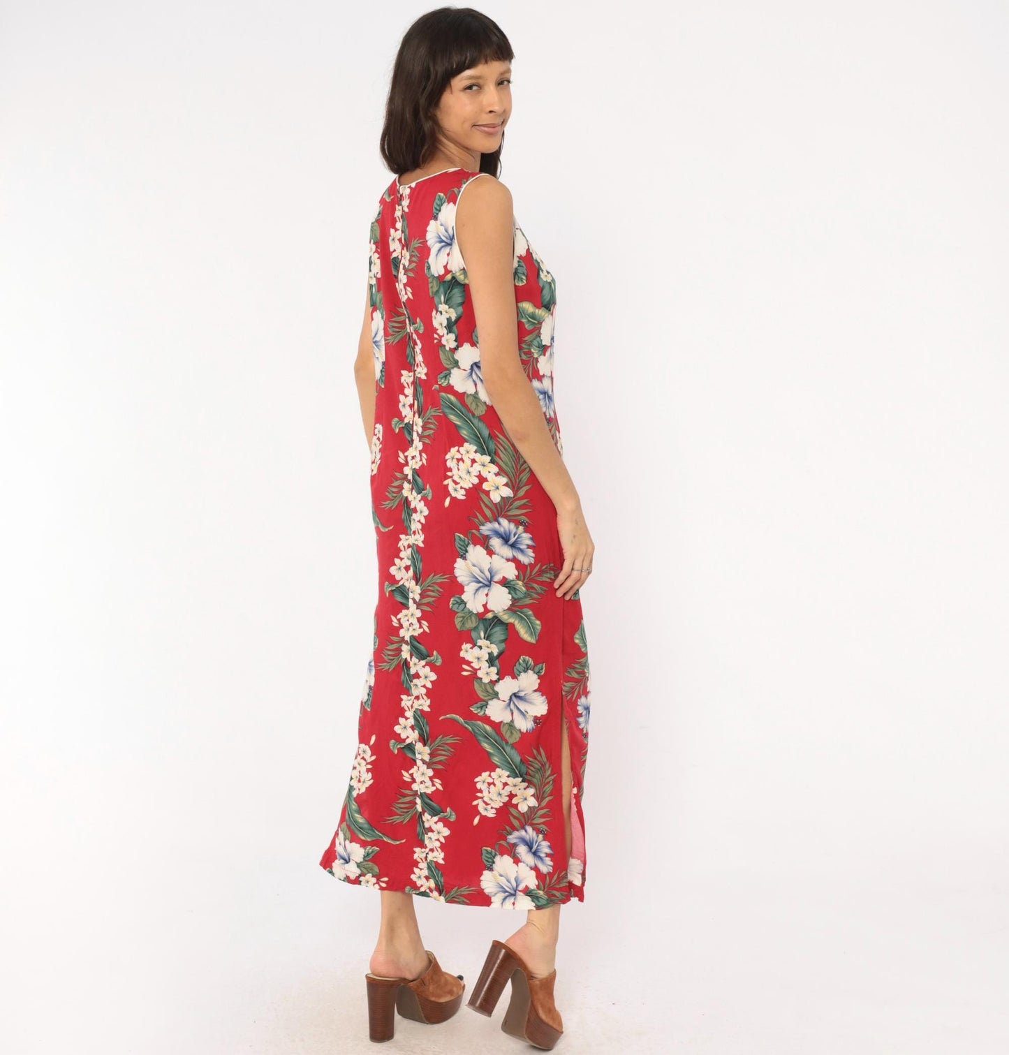 90s Iolani Hawaiian Maxi Dress Red Tropical Floral Sleeveless Large L