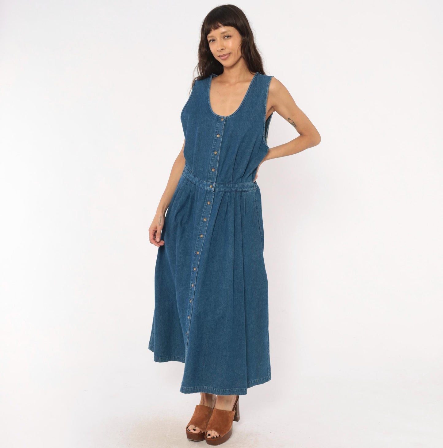 90s Eddie Bauer Denim Maxi Dress Sleeveless Button Front Blue Cotton Large L