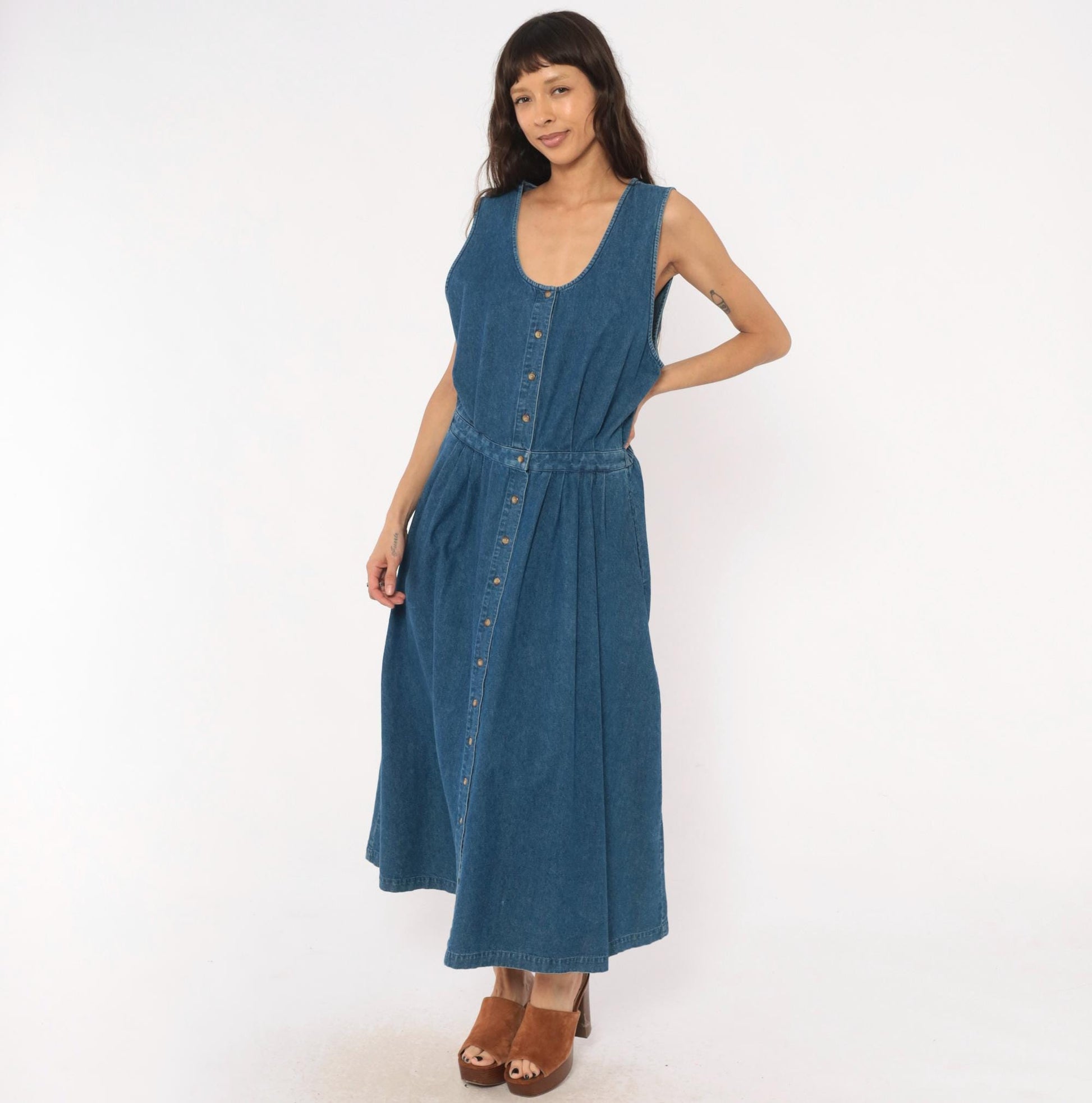 90s Eddie Bauer Denim Maxi Dress Sleeveless Button Front Blue Cotton Large L