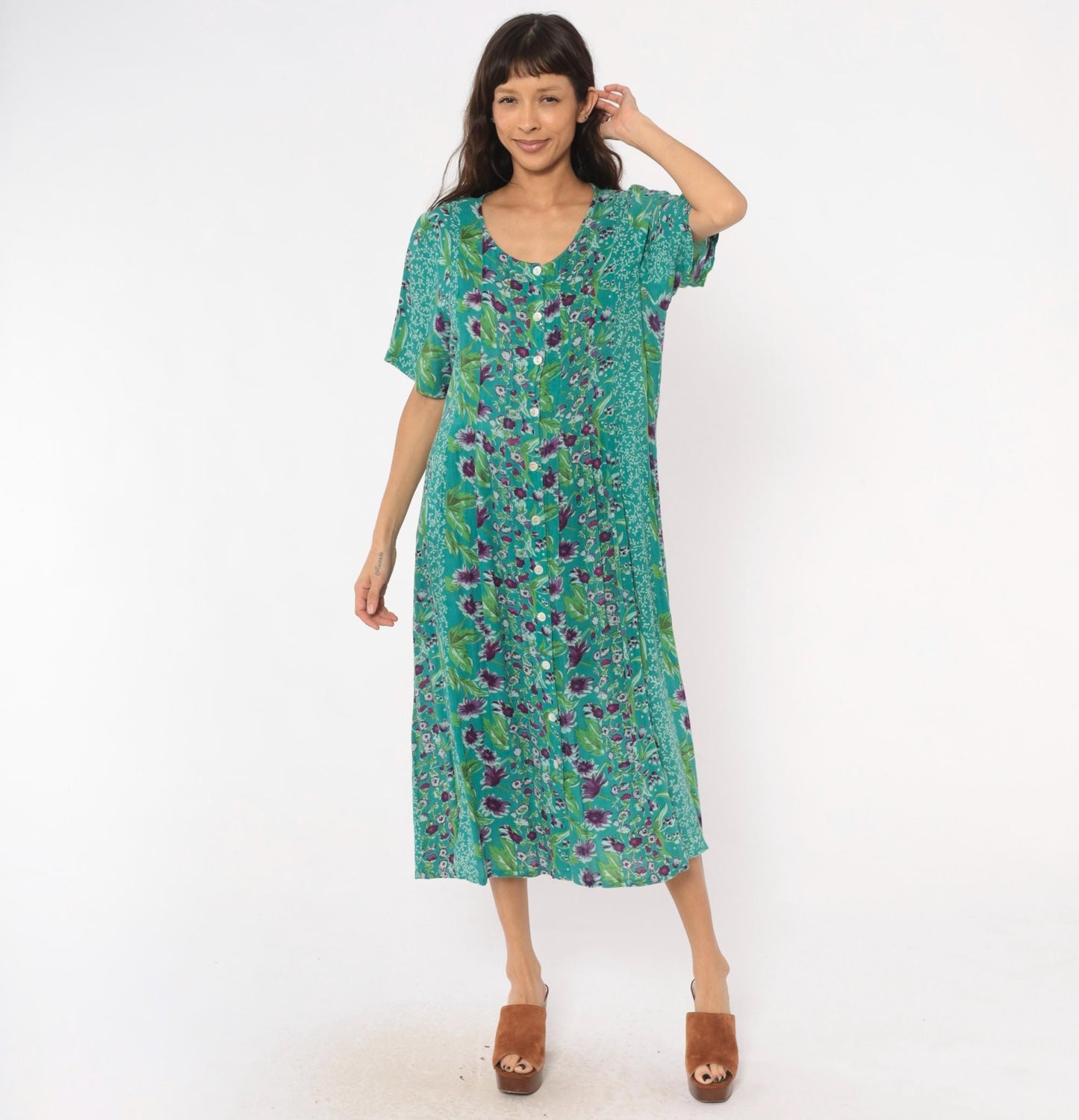 90s La Cera Floral Button Front Midi Dress Teal Purple Pockets Medium M