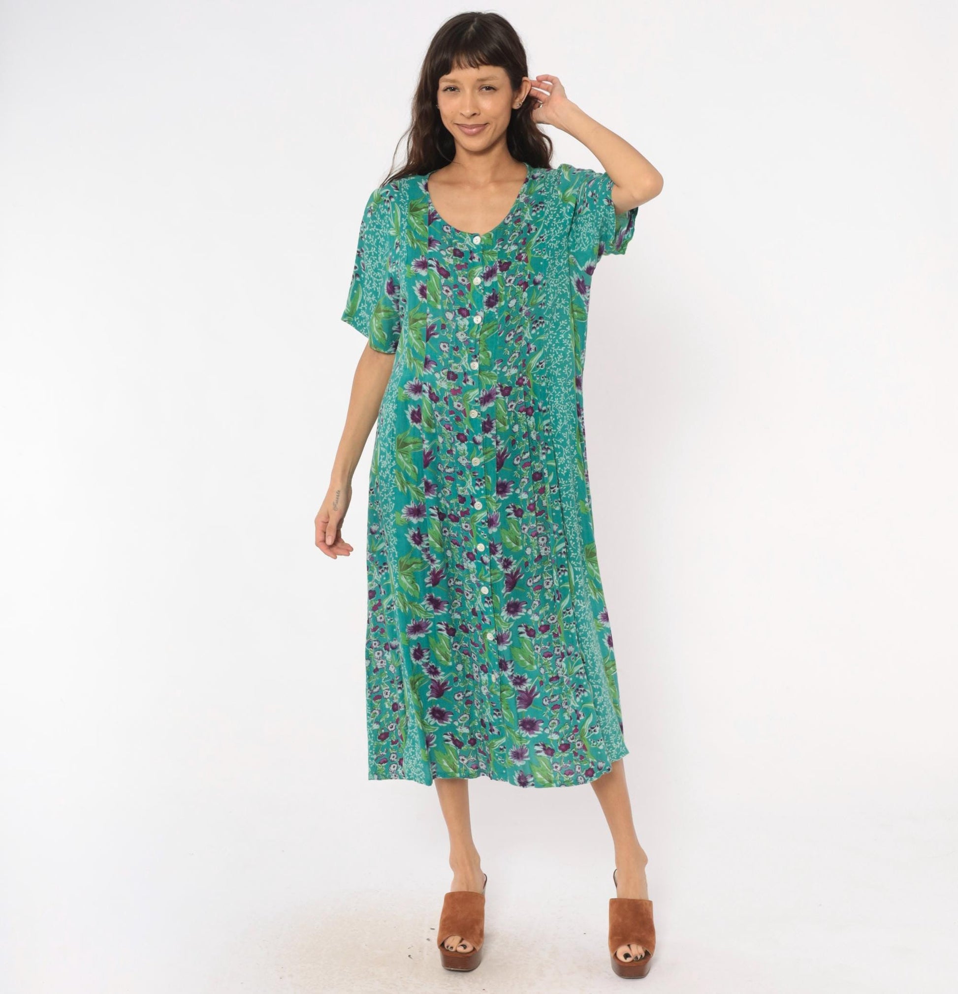 90s La Cera Floral Button Front Midi Dress Teal Purple Pockets Medium M