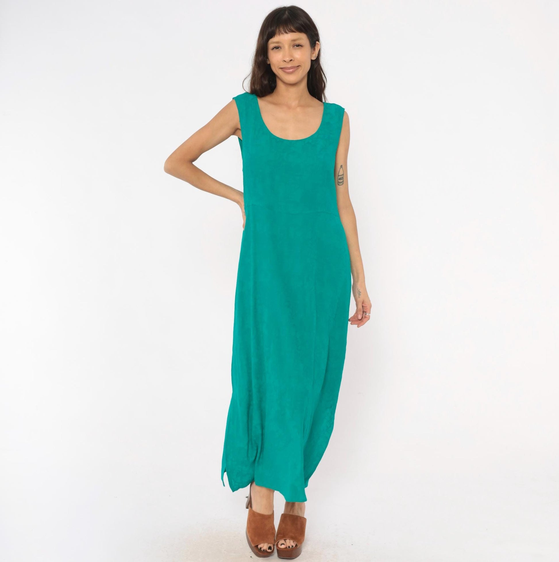 90s Karin Stevens Teal Maxi Dress Sleeveless Empire Waist Ankle Length Large L