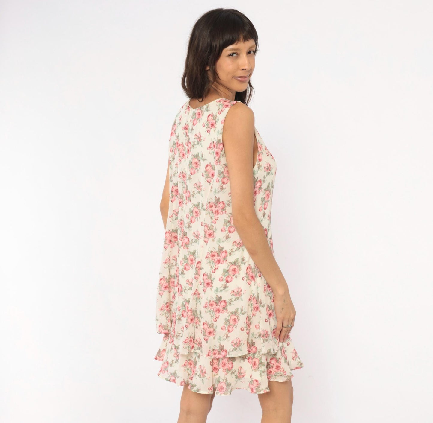 90s All That Jazz Rose Floral Sundress Cream Pink Scoop Neck Medium M