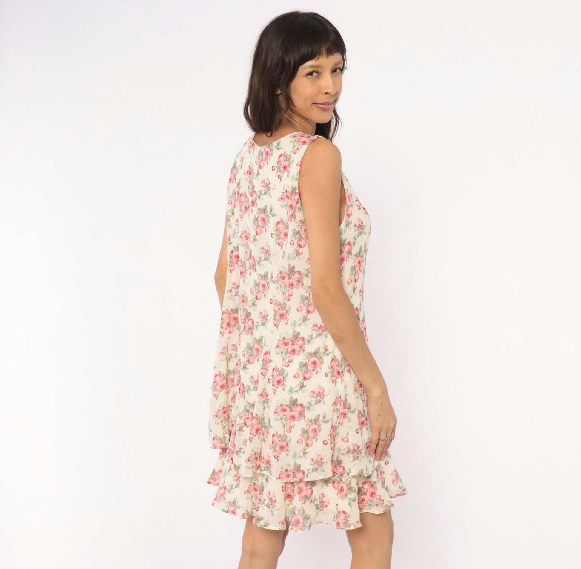 90s All That Jazz Rose Floral Sundress Cream Pink Scoop Neck Medium M