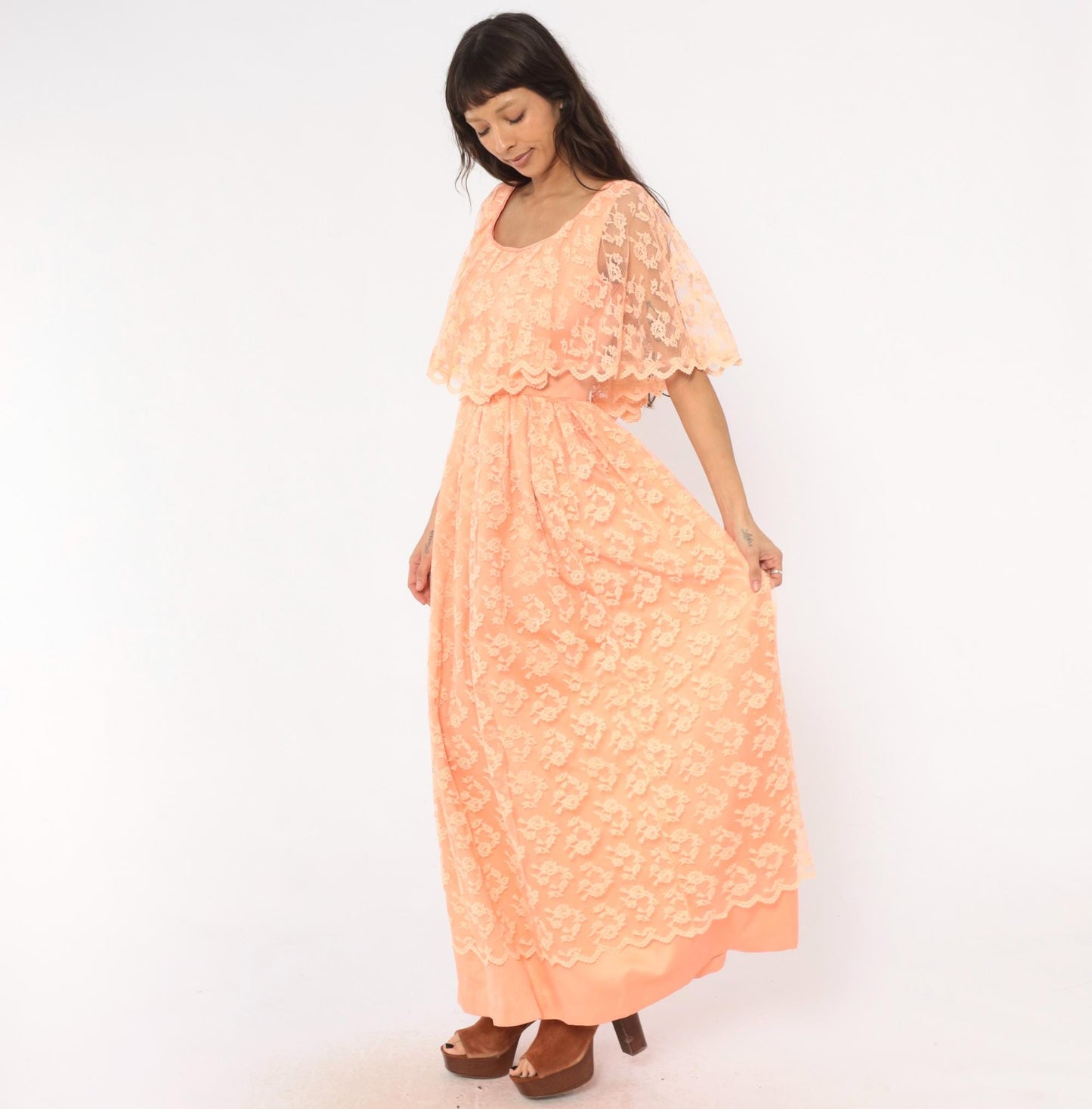 70s Peach Lace Maxi Dress Flutter Cape Sleeve Floral Overlay Small