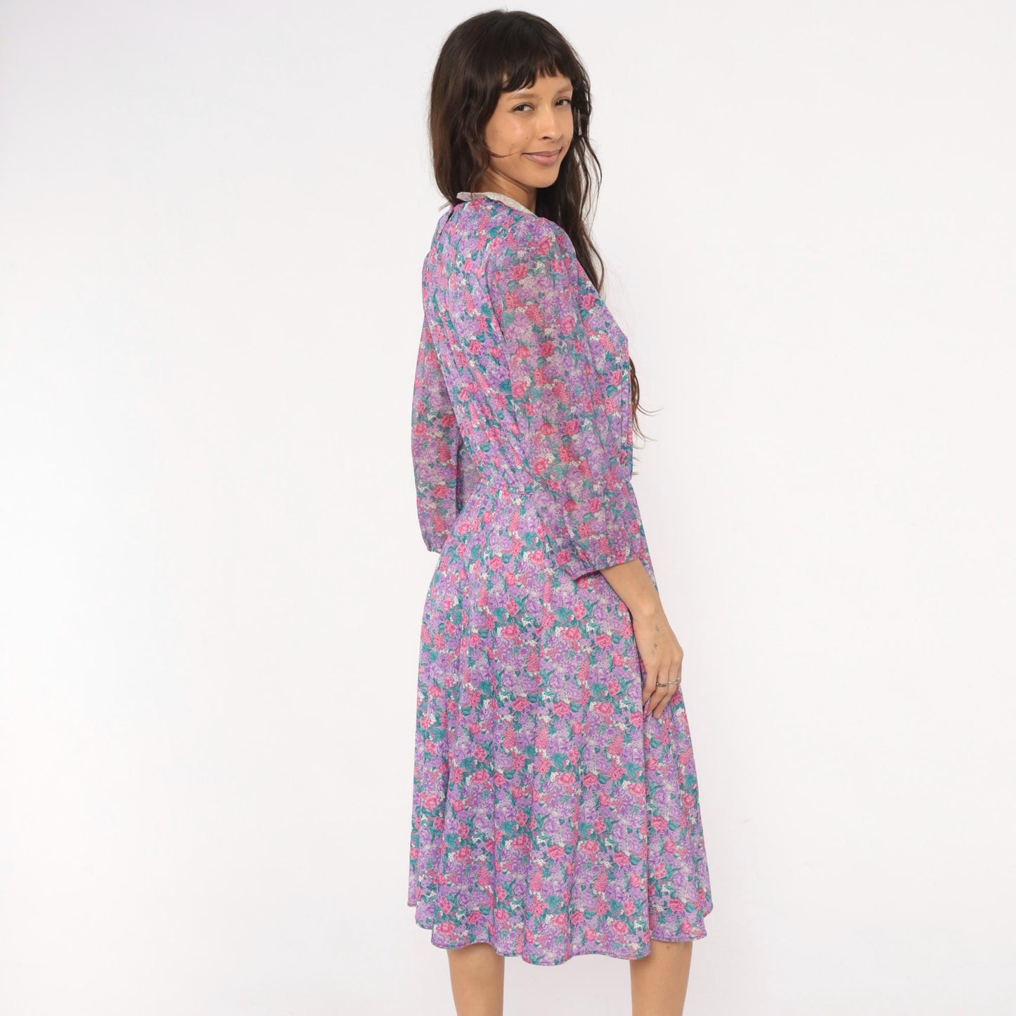 80s M.C.S.Ltd. Floral Midi Dress Puff Sleeve Peter Pan Collar Purple Large L