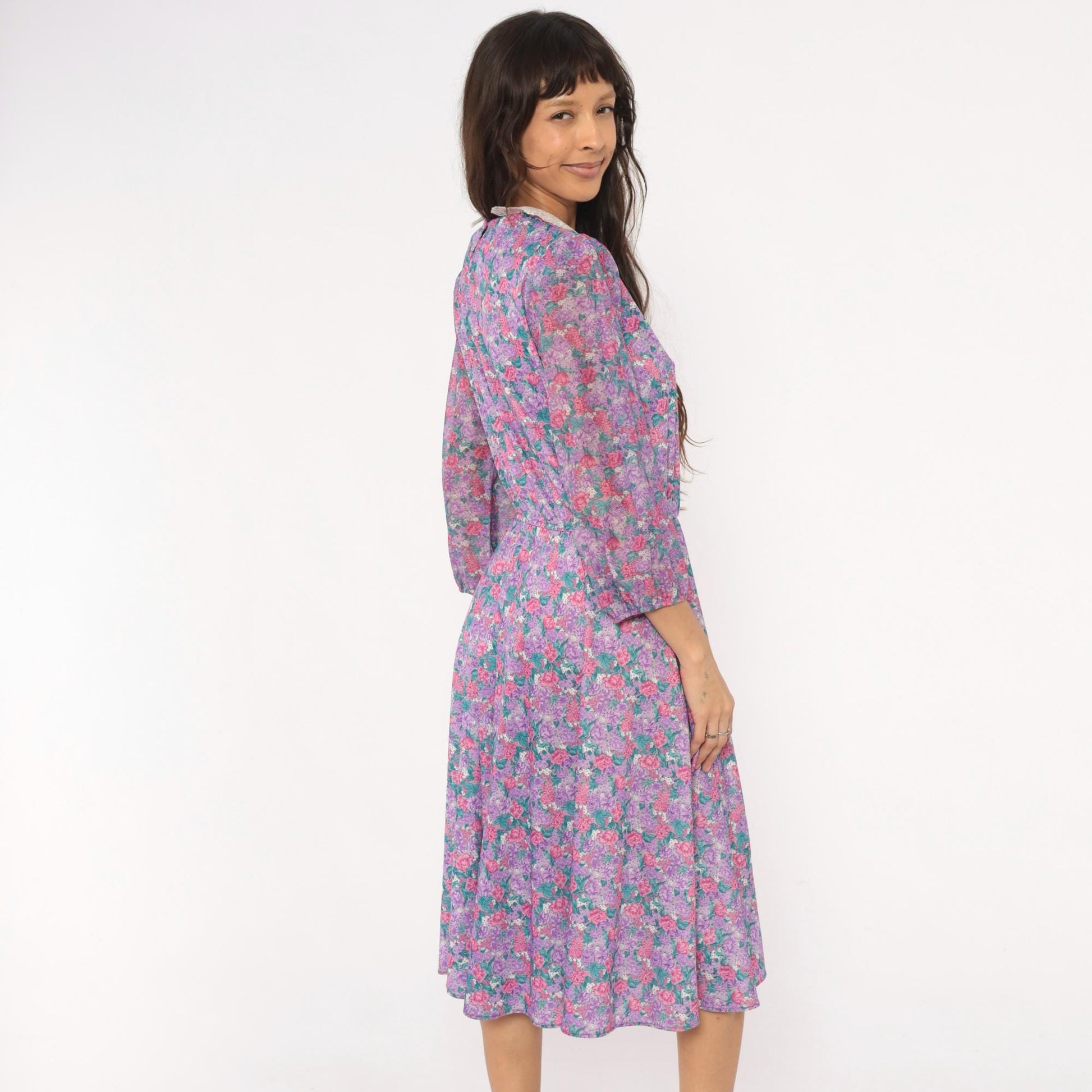 80s M.C.S.Ltd. Floral Midi Dress Puff Sleeve Peter Pan Collar Purple Large L