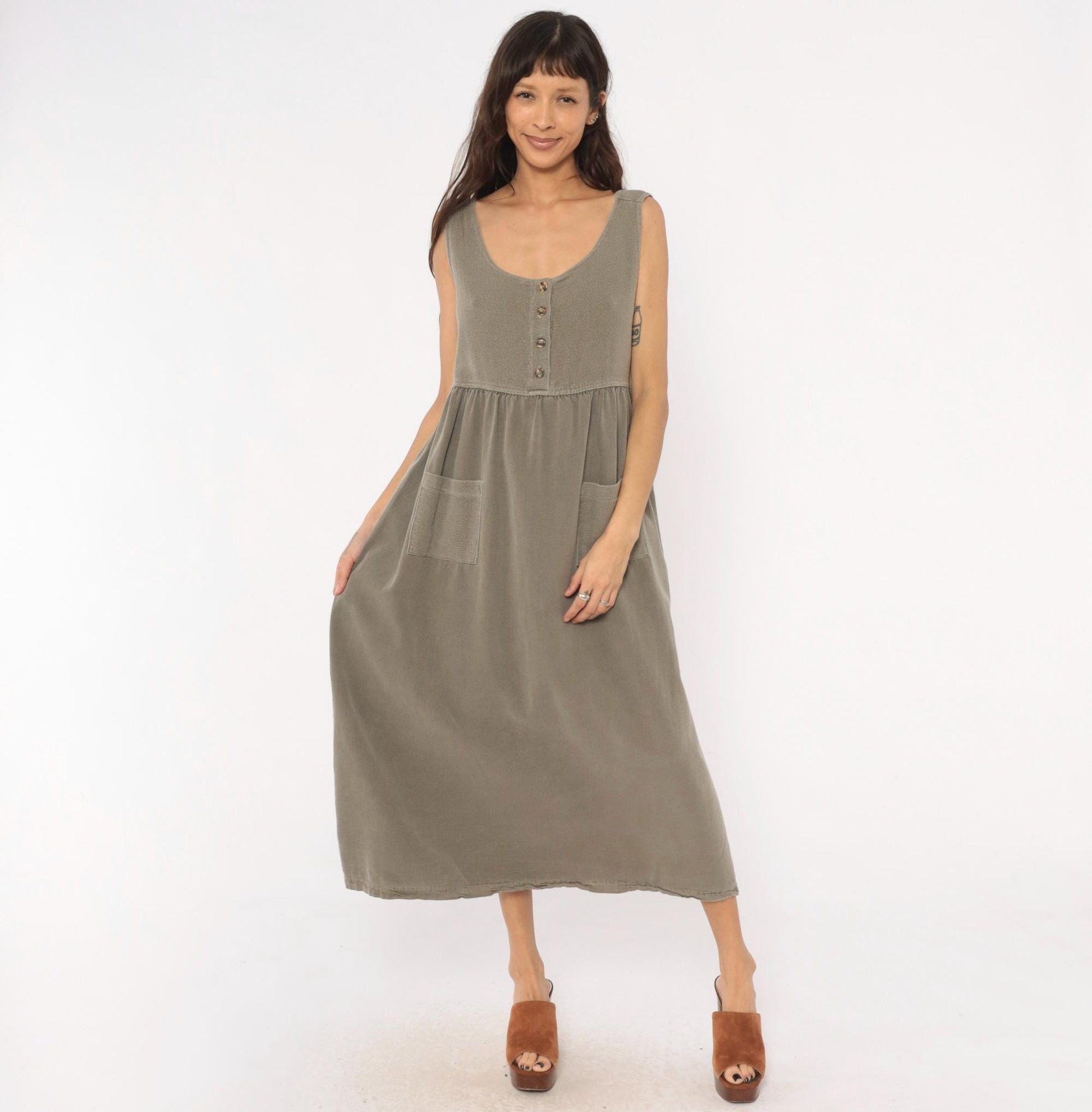 90s Cotton Stuff Classics Maxi Dress Grey Sleeveless Button Front Large L