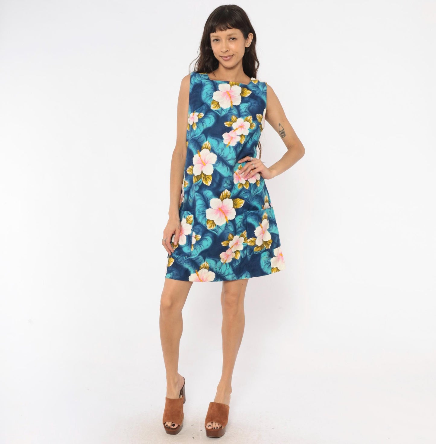 80s Hawaiian Hibiscus Shift Dress Navy Teal Pink Floral Cotton Medium