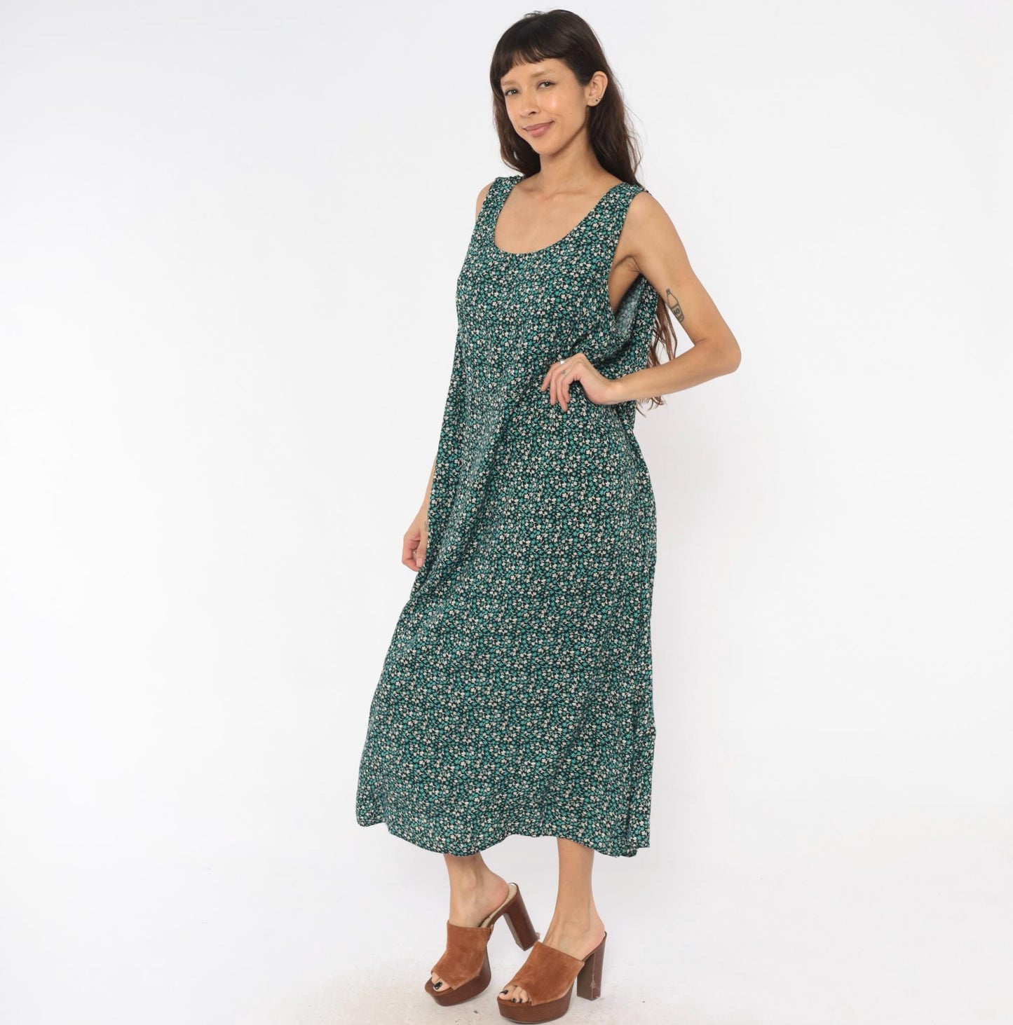 90s Teddi Woman Ditsy Floral Maxi Dress Teal Cream Black Tank Plus Size XXL