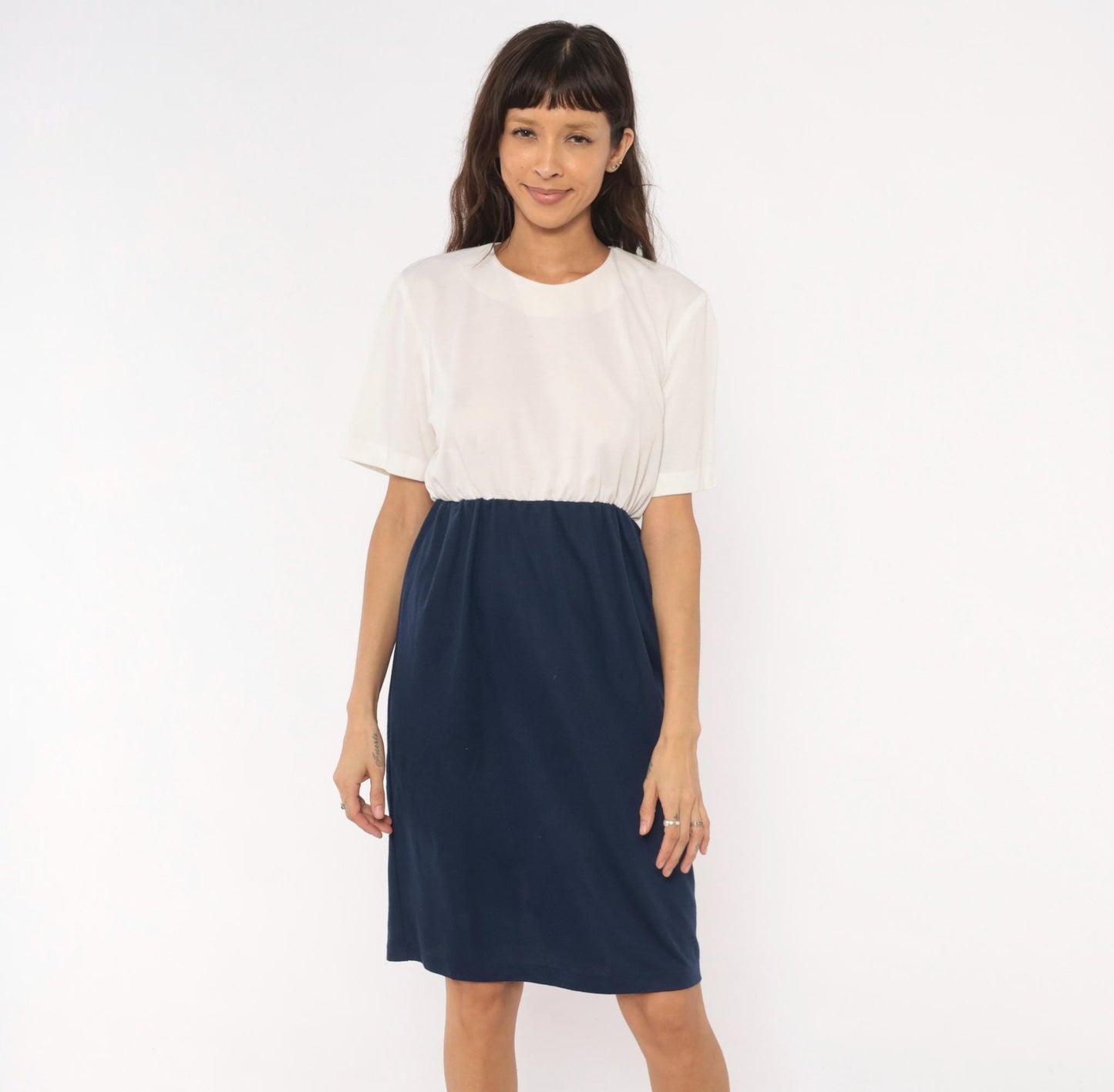 80s Navy Cream Colorblock Dress Keyhole Back Button Knee-Length Medium Large