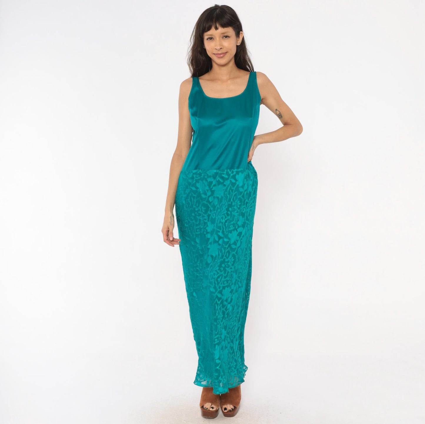 Y2K Cattiva Teal Silk Burnout Maxi Dress Floral Devore Scoop Neck Medium M