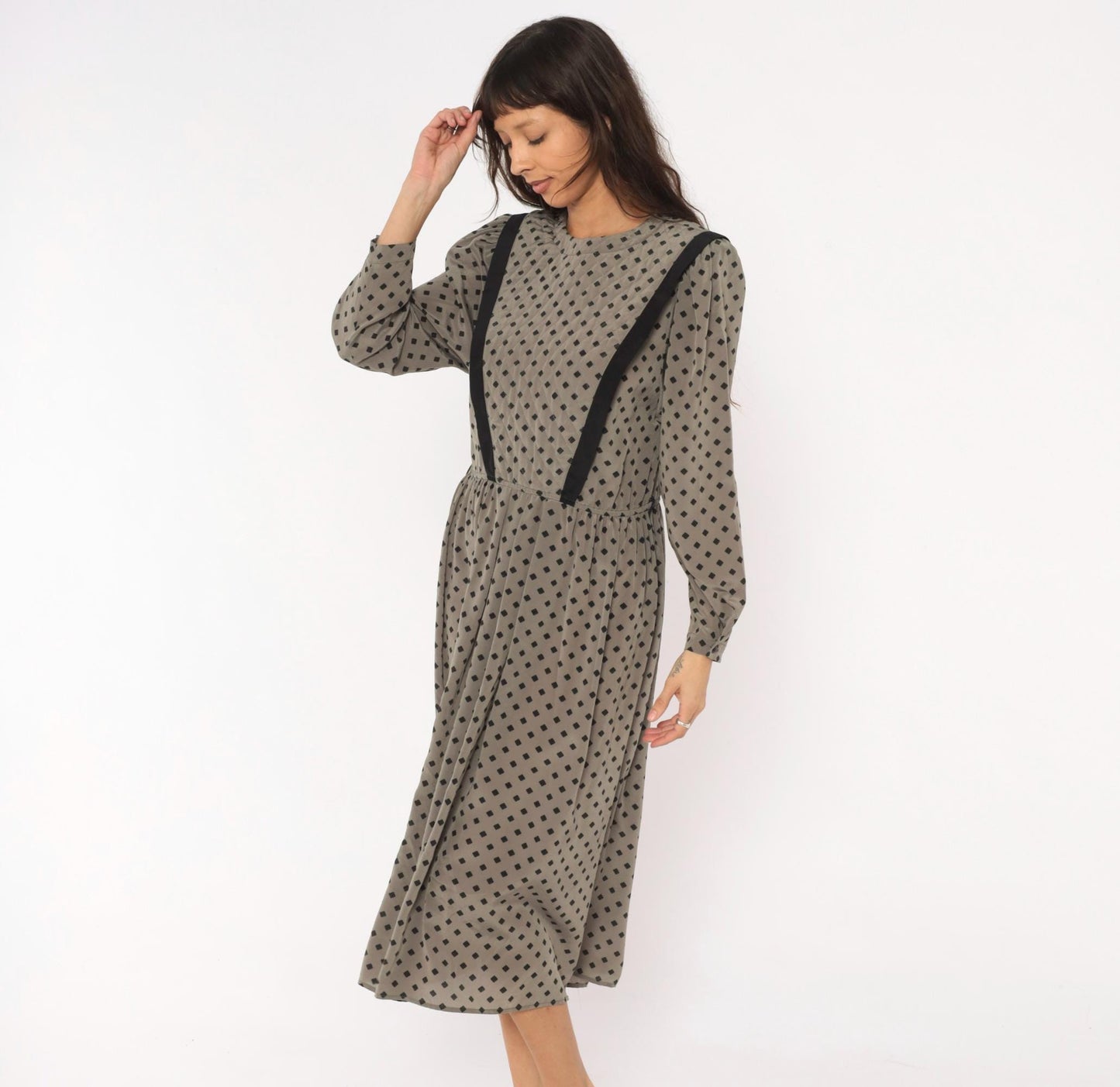 80s Donna Morgan Diamond Print Midi Dress Grey Balloon Sleeve Medium M