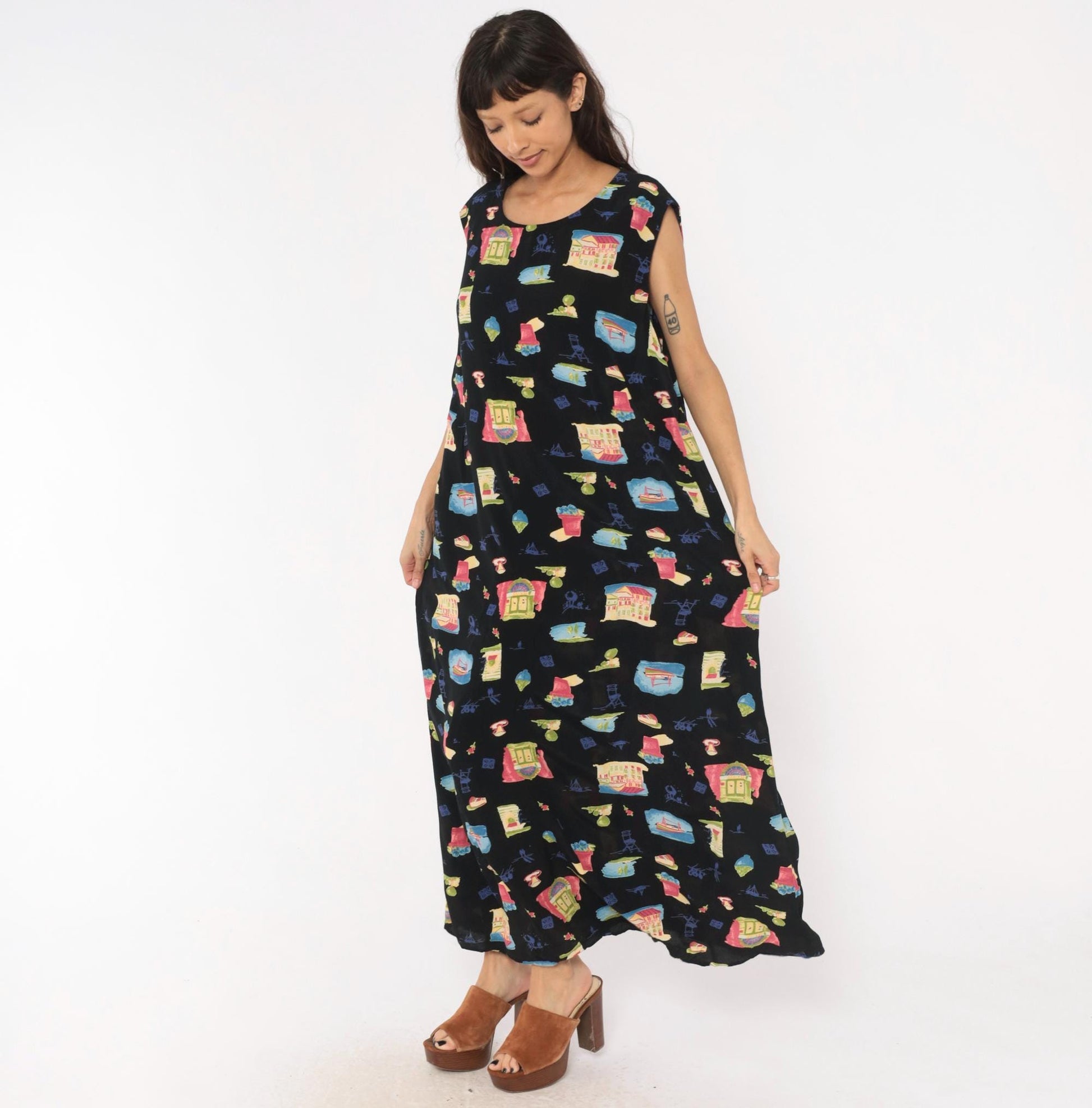 90s Positive Attitude Village Print Maxi Dress Black Plus Size 1X