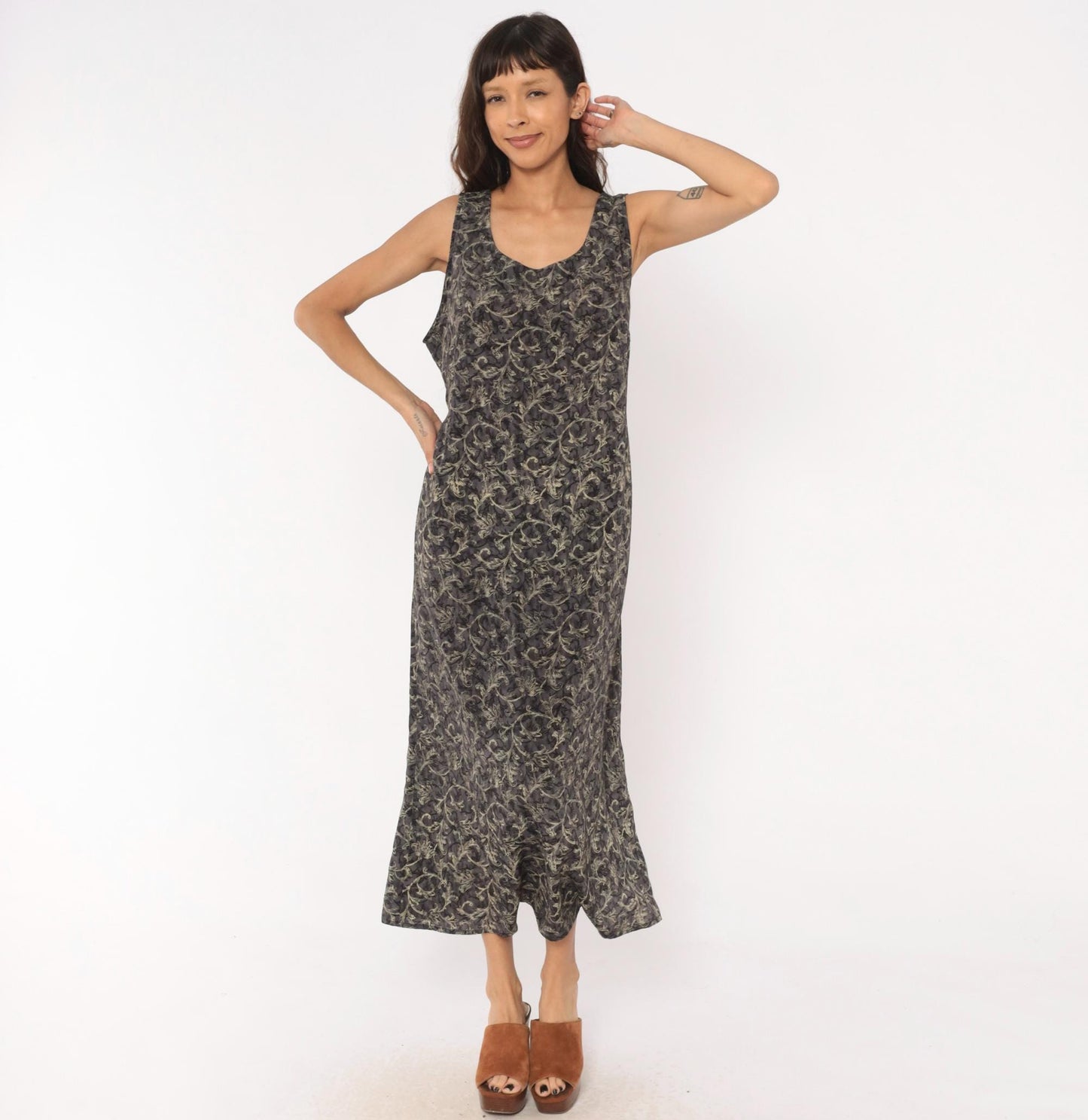 90s Worthington Baroque Maxi Dress Charcoal Floral Tank Tie Back Plus Size 1X