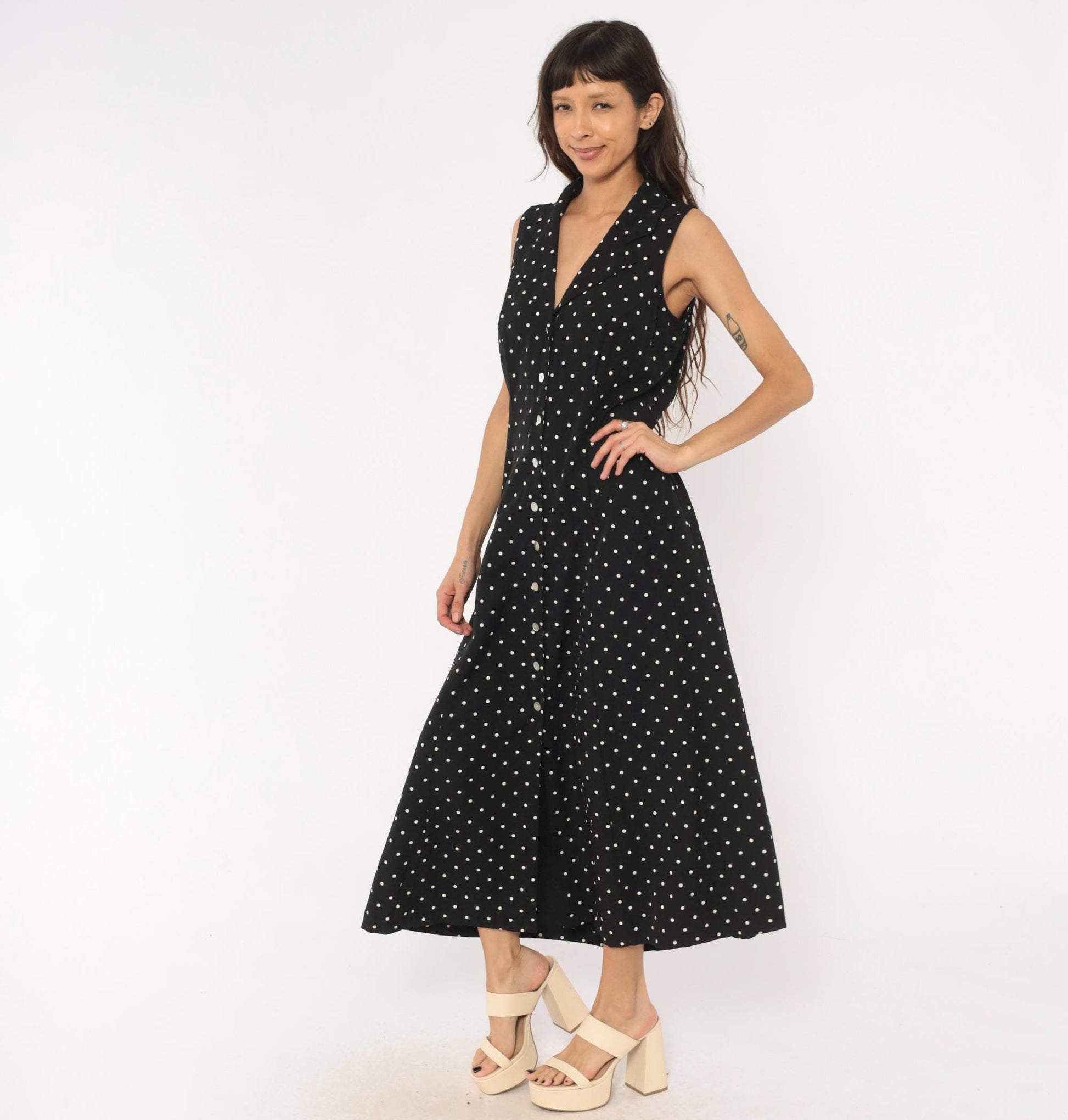 90s Dressbarn Black White Polka Dot Maxi Dress V Neck Button Front Large L