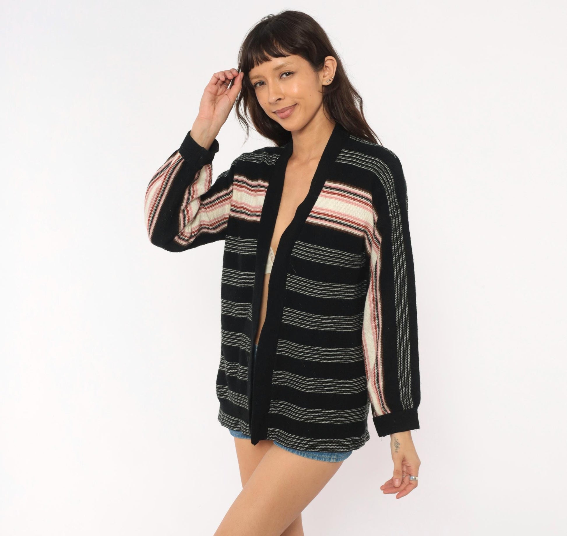 70s Striped Wrap Cardigan Black Pink Cream Knit V Neck Medium M