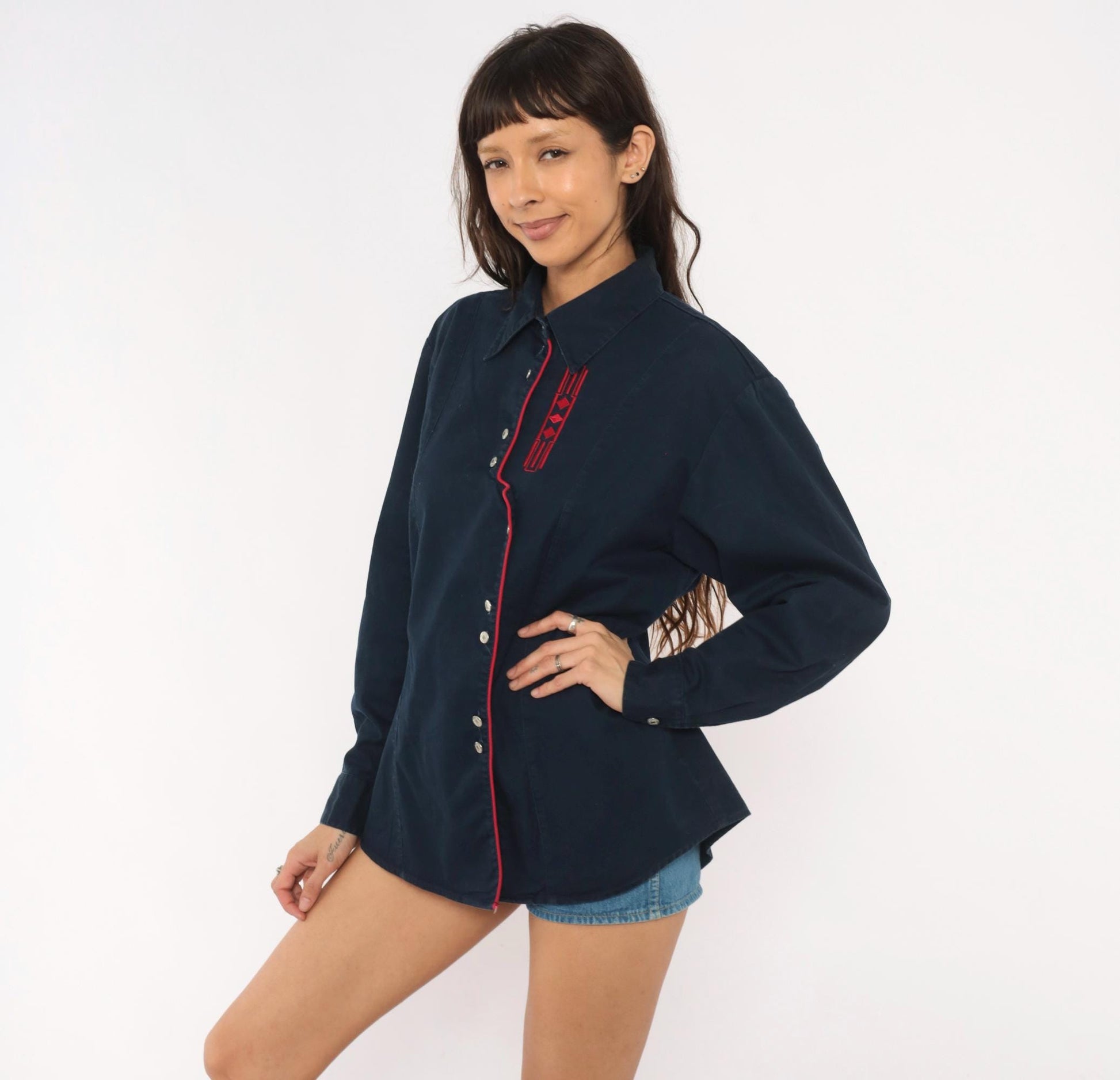 90s Wrangler Western Shirt Navy Blue Embroidered Diamond Snap Button Extra Large XL