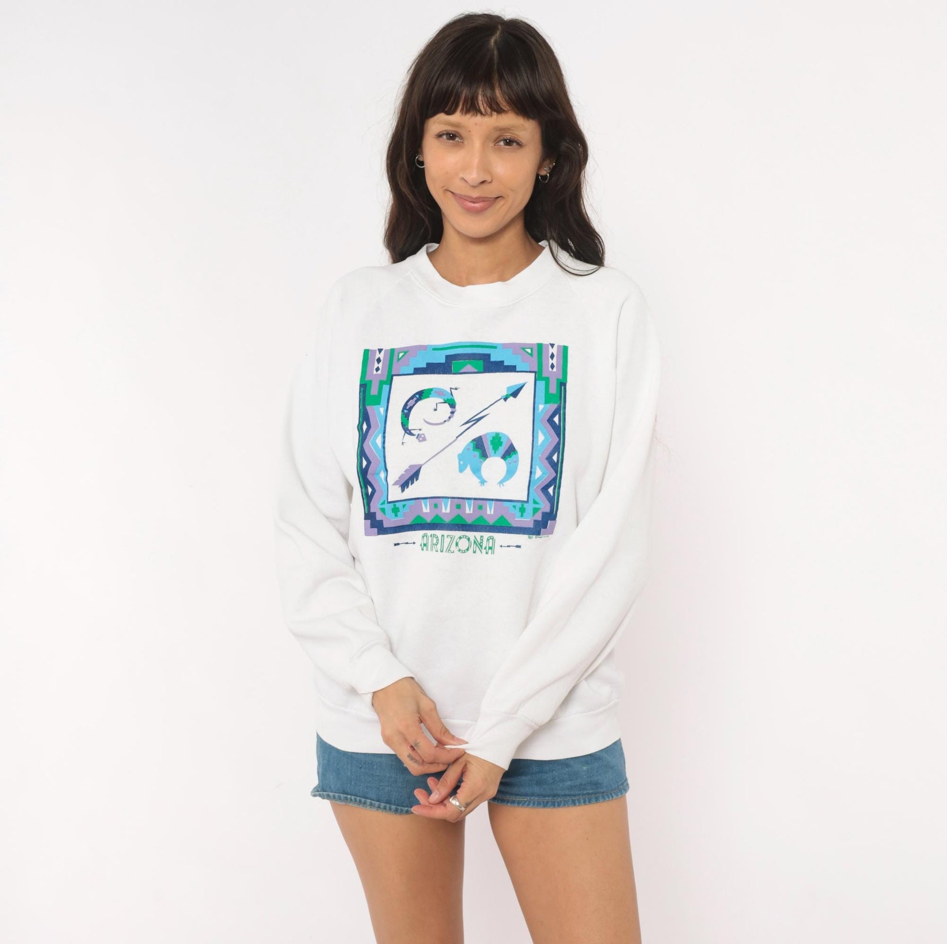 90s Fruit Of The Loom Arizona Southwestern Graphic Sweatshirt White Medium