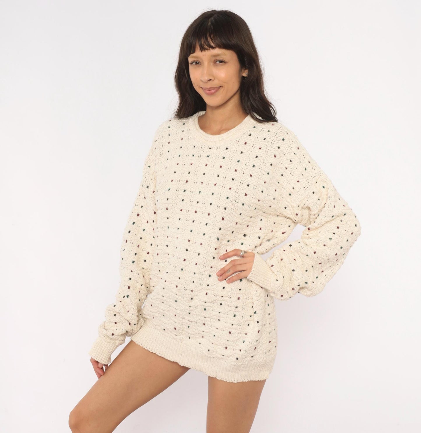 90s CJ Cotton Company Polka Dot Crewneck Sweater Cream Extra Large XL