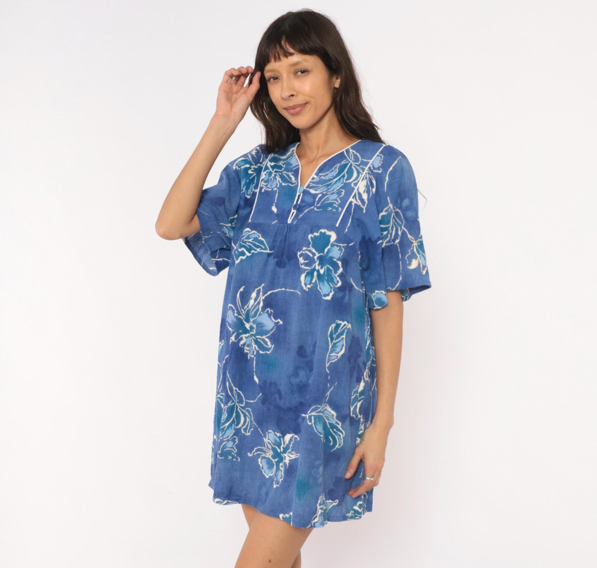 80s Sidan Blue Floral Shift Dress Flutter Sleeve Empire Waist Medium M
