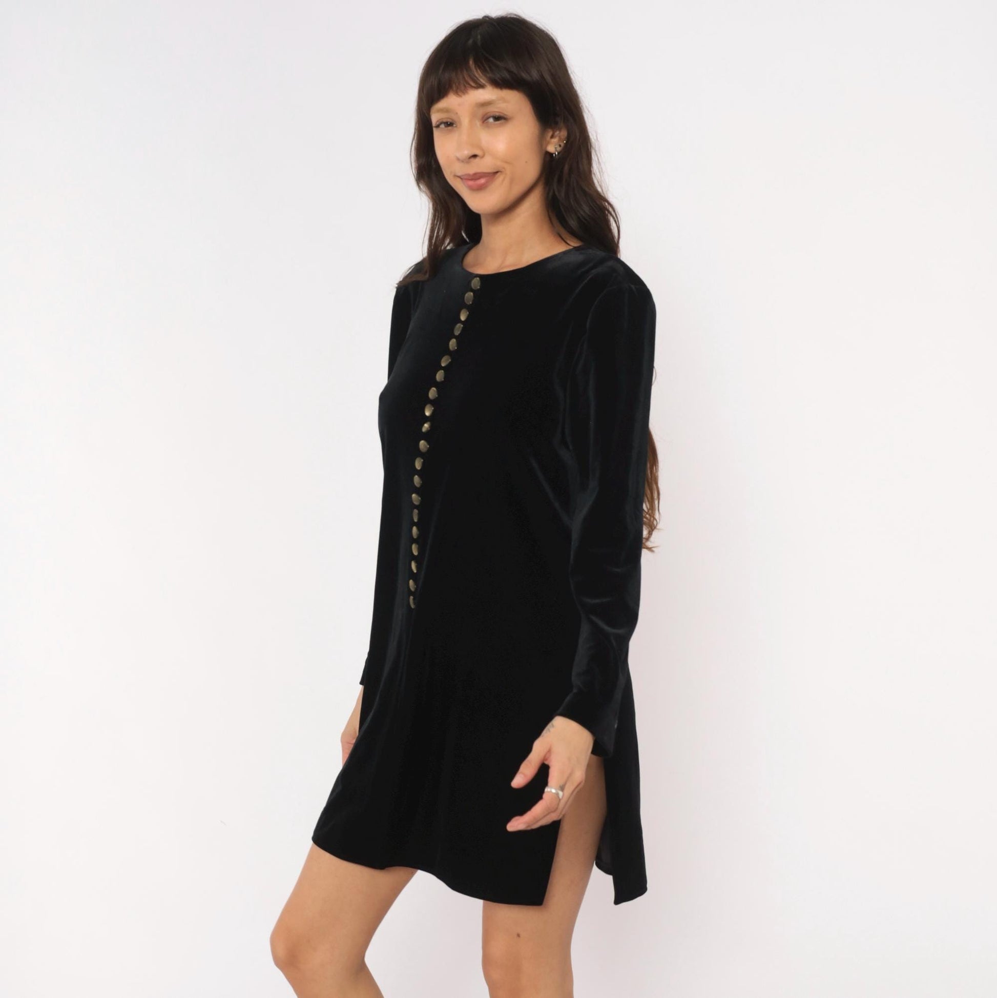 90s Hillard & Hanson Black Velvet Mini Dress Brass Buttons Long Sleeve Large