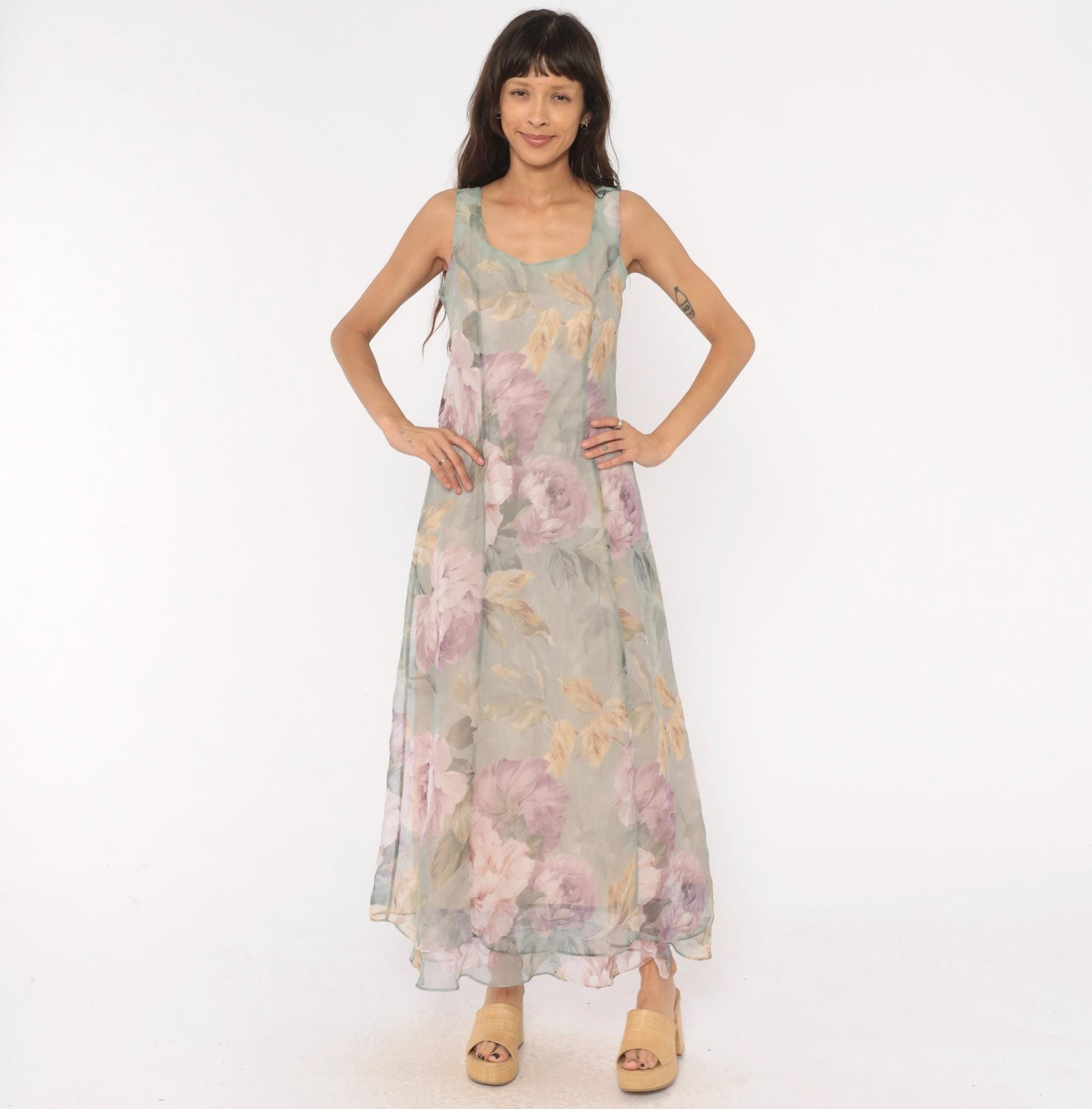 90s Hampton Nites Floral Maxi Dress Sage Pink Chiffon Sleeveless Medium M