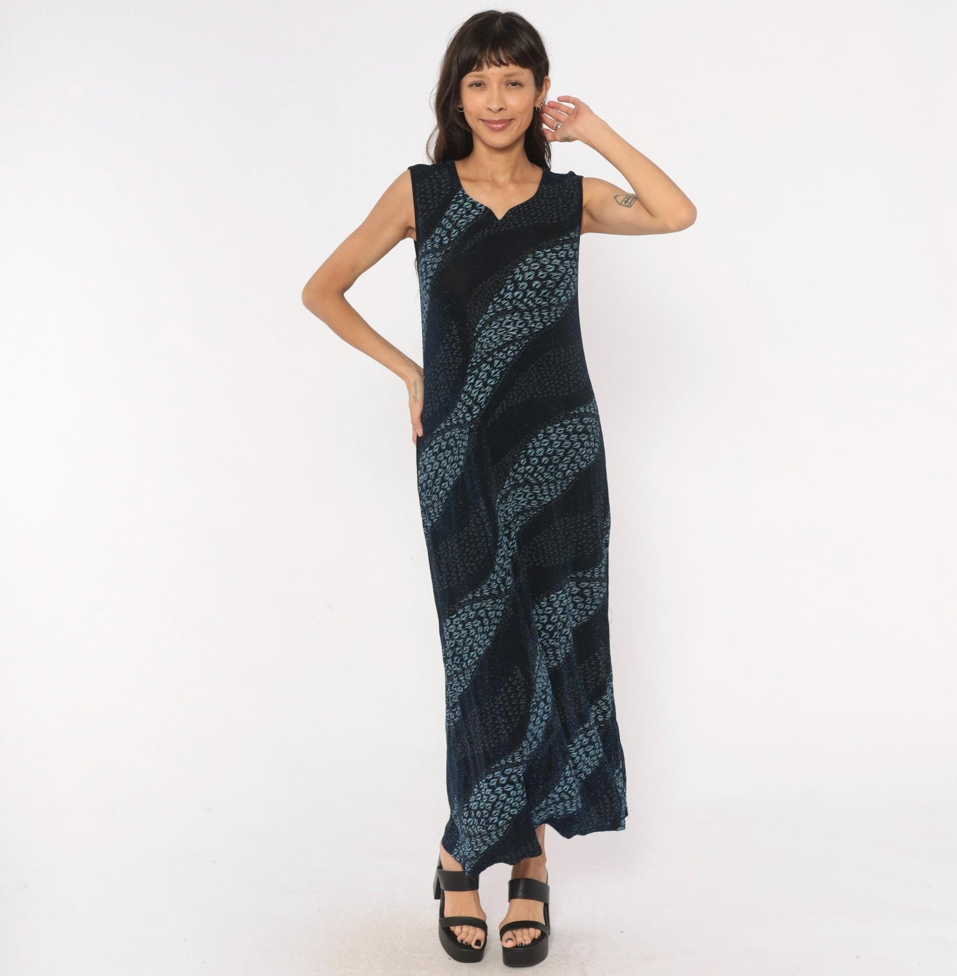 90s Black Blue Leopard Stripe Maxi Dress Sleeveless V Neck Extra Large XL