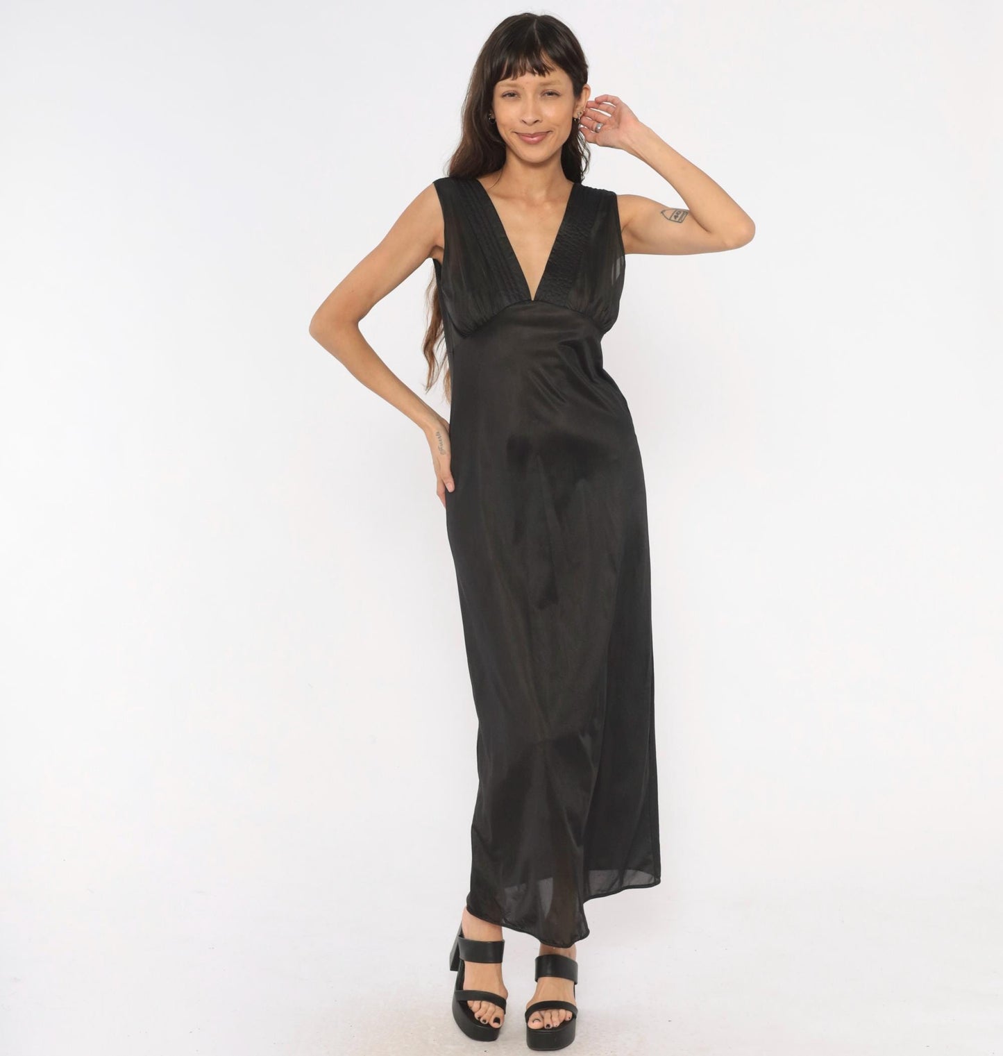 90s Black Sheer Maxi Slip Dress Deep V Neck Empire Waist Medium