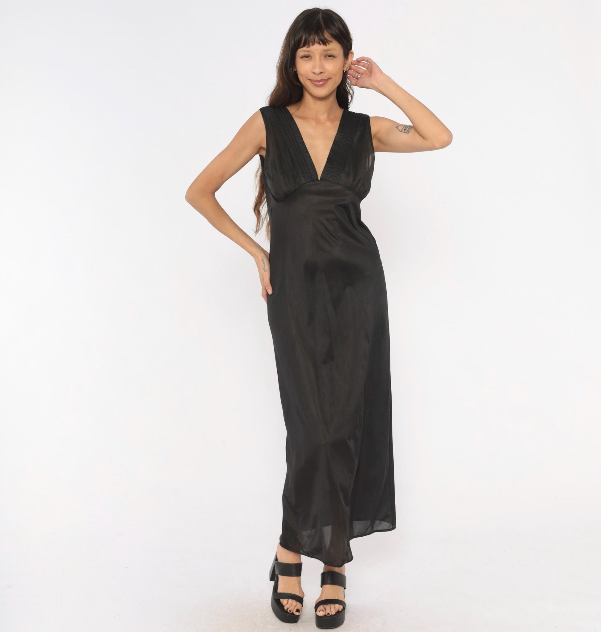 90s Black Sheer Maxi Slip Dress Deep V Neck Empire Waist Medium