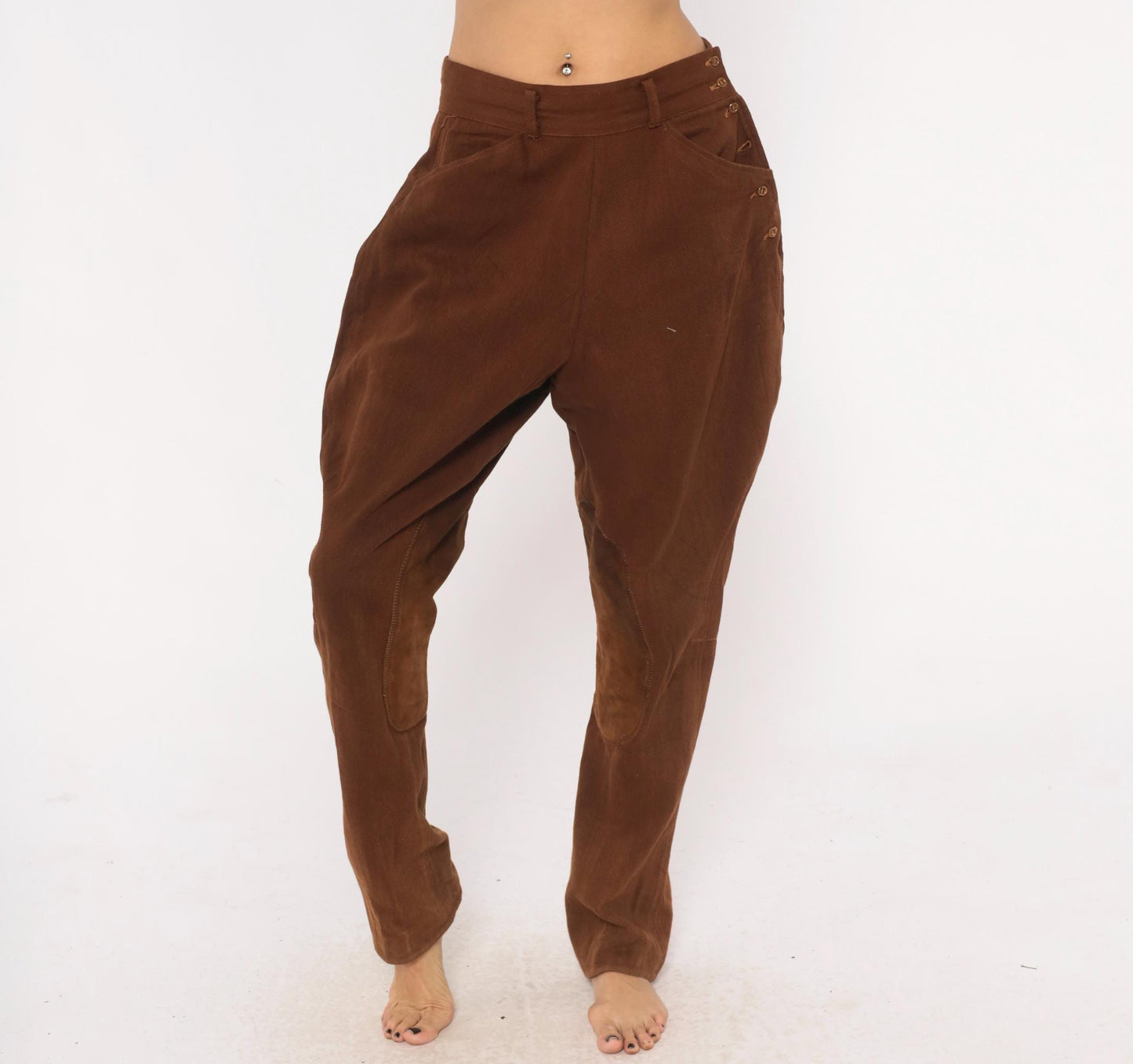 80s Brown Jodhpur Riding Pants High Waist Suede Knee Patch Medium M