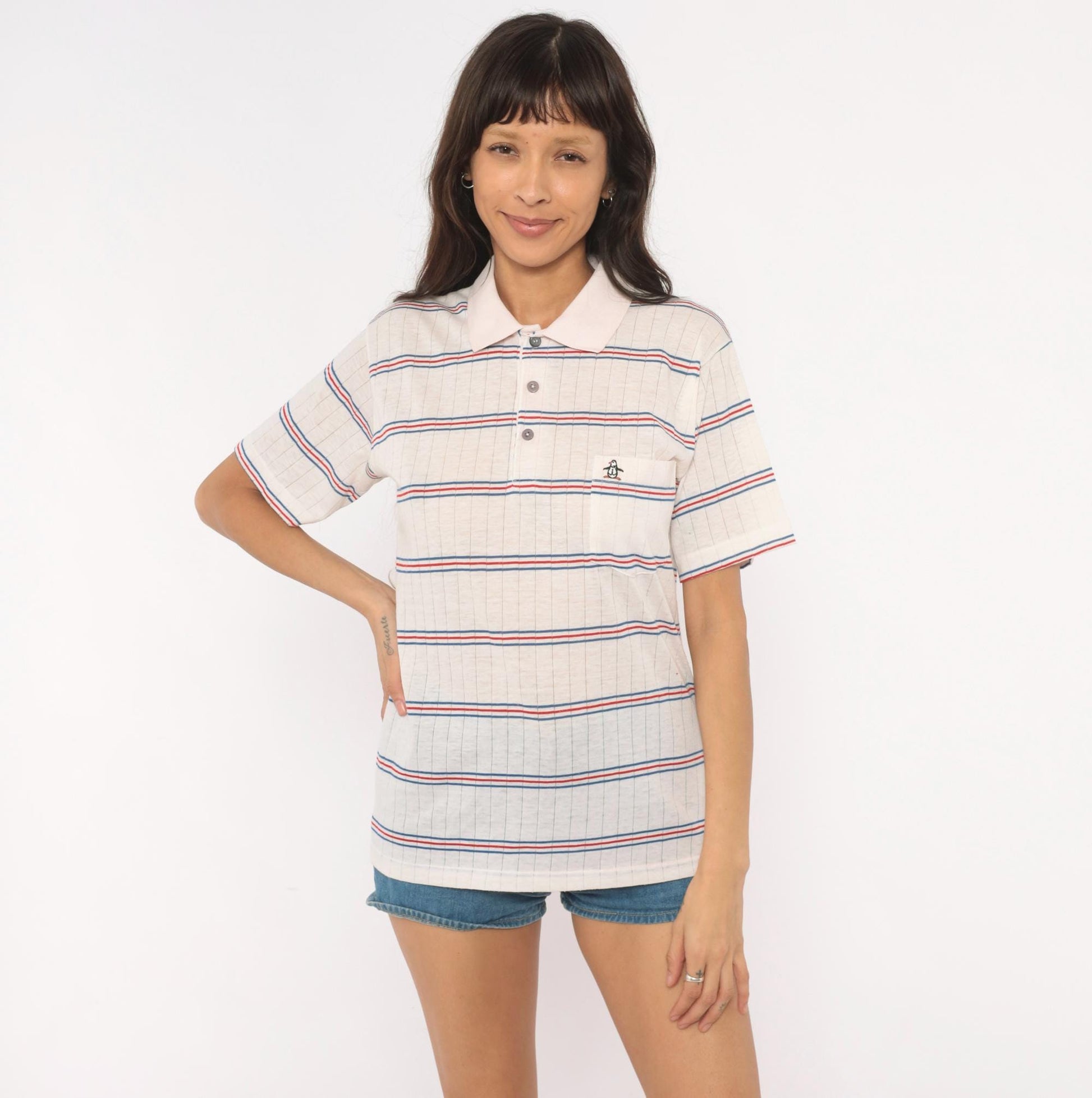80s Grand Slam Penguin Striped Polo Shirt Red Navy Cream Medium