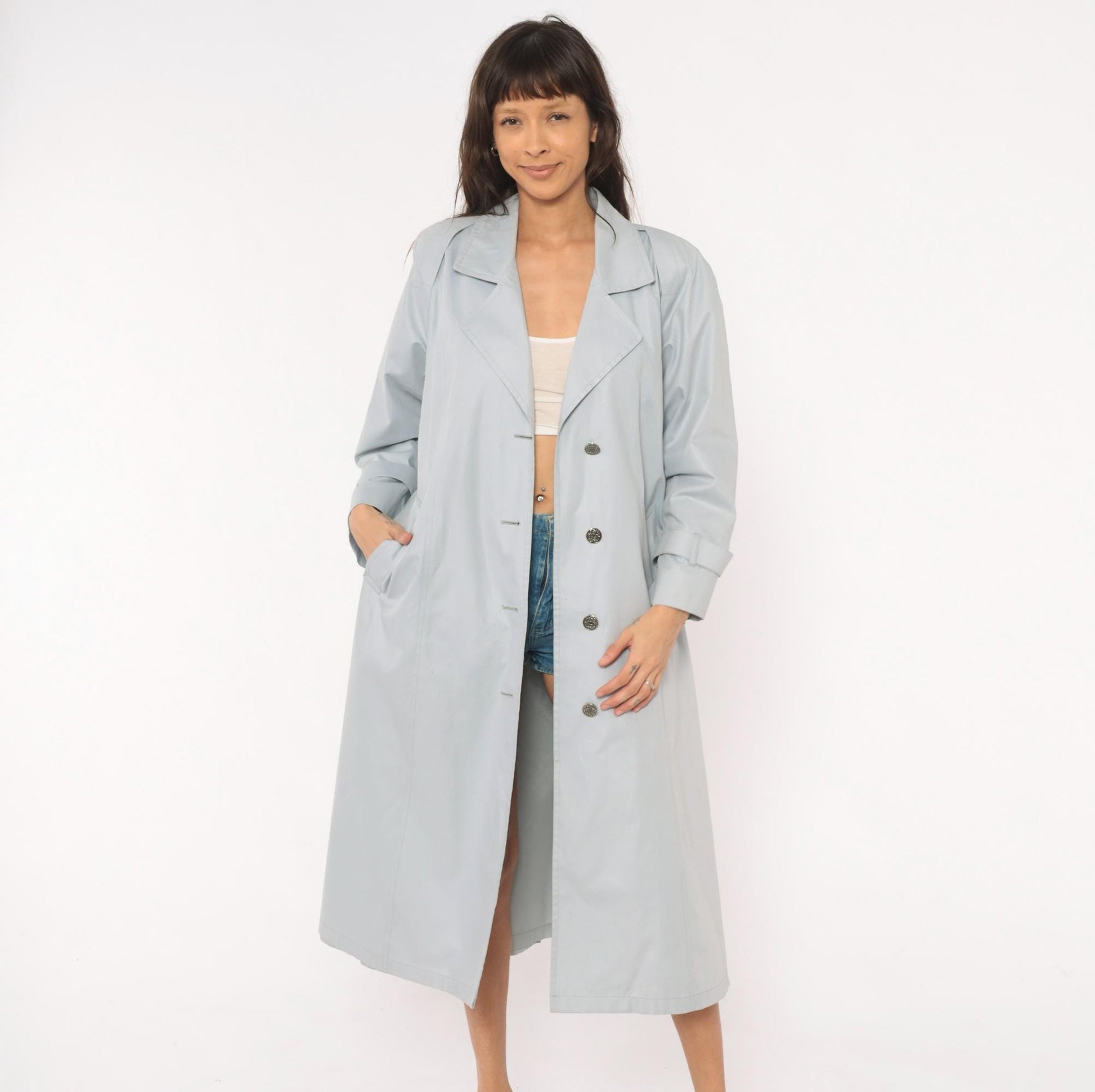 80s London Fog Trench Coat Blue Grey Belted Single Breasted Medium