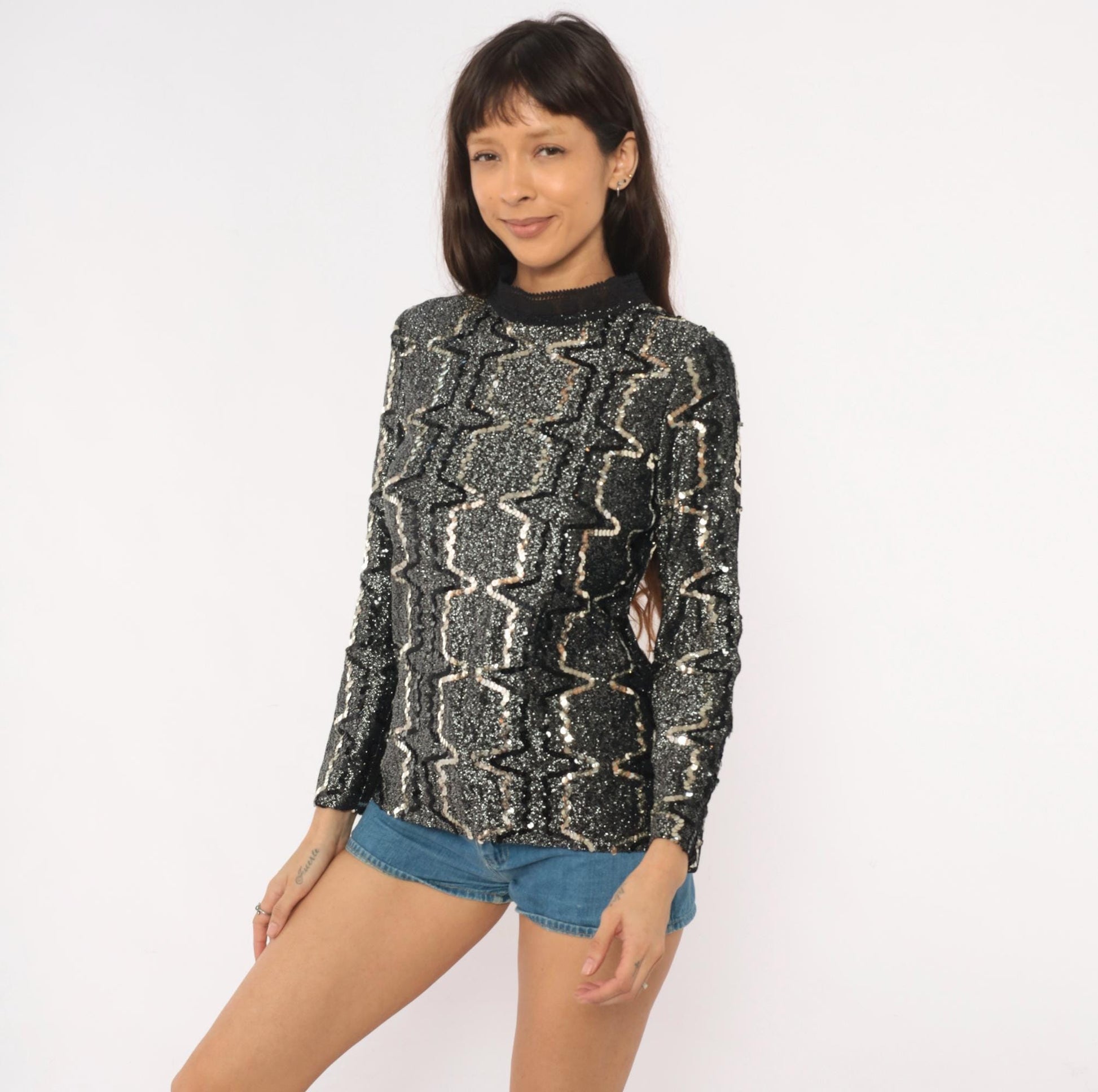 90s Elinor Gay Black Silver Sequin Blouse Geometric Zigzag Long Sleeve Medium